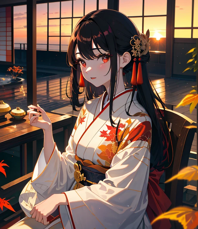 ((​masterpiece,hight resolution,8K picture quality,top-quality)),1girl in,((extra detailed face)),femele,Delicate eyes,((dark red eyes)),((hairstyle on:Straight Long,A dark-haired,Hair exposed to light turns dark red)),red classic pattern barrette,Dark purple classic pattern kimono,Modern taste,Smile elegantly,Natural complexion,Brown leather nandina pattern collar,sun light,Sunset,((autumnal,Colored leaves,You can see the sunset from the balcony,Japanese garden,traditional Japanese room,Evening glow,Watch the sunset from the veranda)),