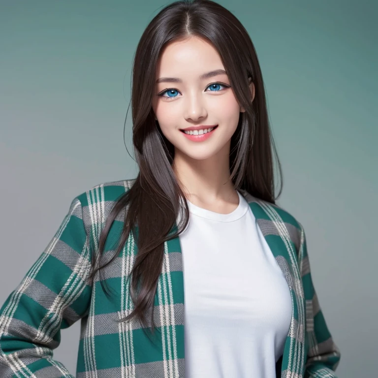 ((eBlue eyes)),Beutiful women,Long gray hair,Toothy smile,whitet-shirt,((green plaid jacket)),((blue backdrop))