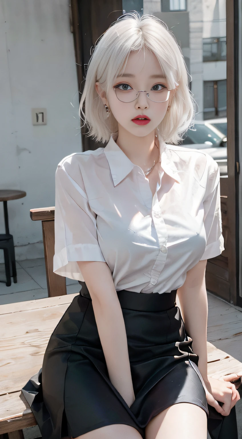 Top image quality、Original photography、超高分辨率、18-year-old Korean、glasses beauty、Colossal tits:1.3、LOP:1.5、White revealing formal shirt、Skinny transparent shirt、formal mini skirt、White skin of the、Fair and shiny skin、(Short hair details)、bright silver hair、Bright white hair、beautidful eyes，Color is random、with very thin lips、beautidful eyes，Meticulous details、eyes elongated、pale pink blush、long eyelasher、beautiful double eyelid、eye shadows、ear nipple ring、、Fashionable glasses、Lighting that emphasizes beautiful skin、(The skirt was cracked、skirt tag)