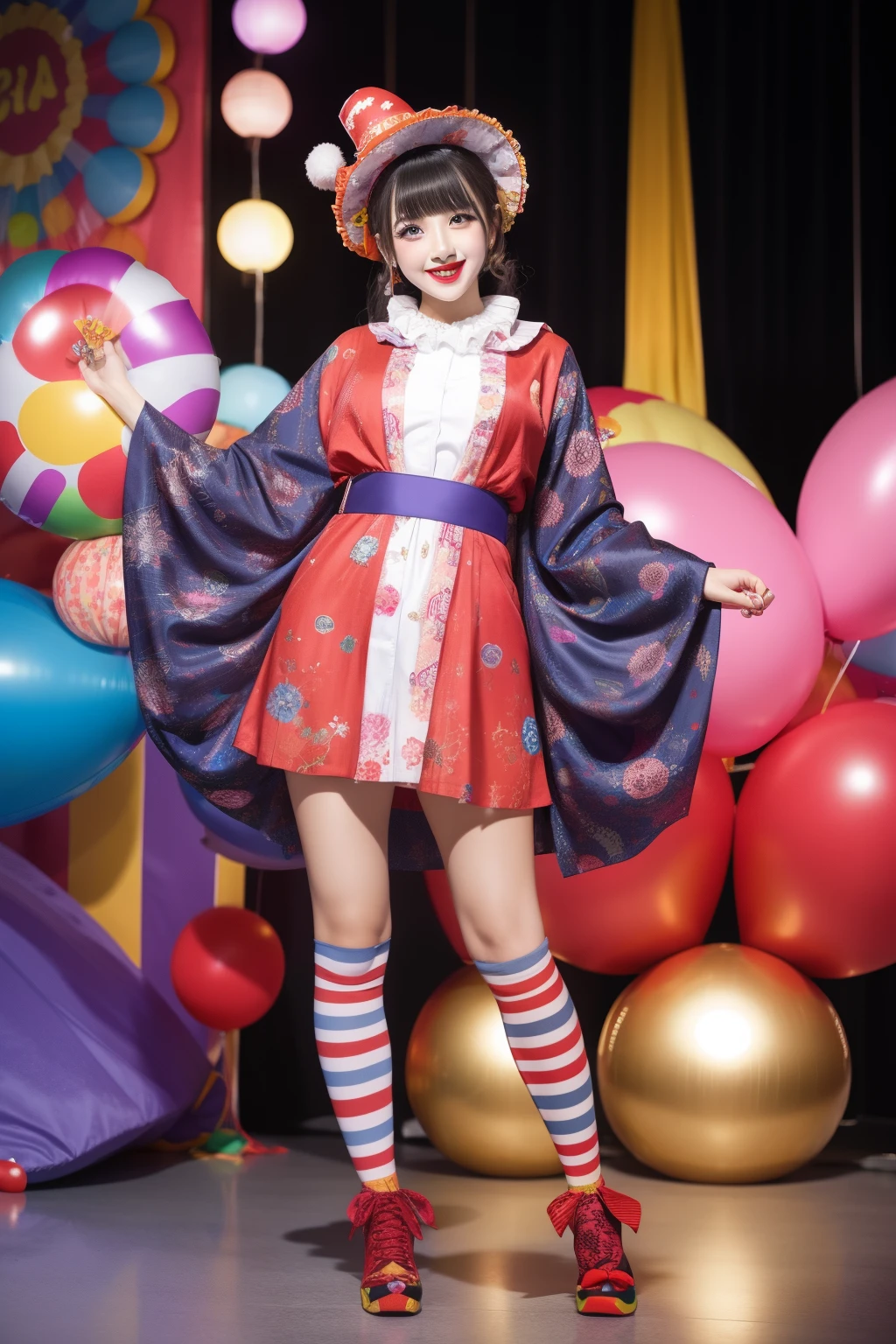 female idol、full body Esbian、、Kimono based clown fashion、Clown hat、