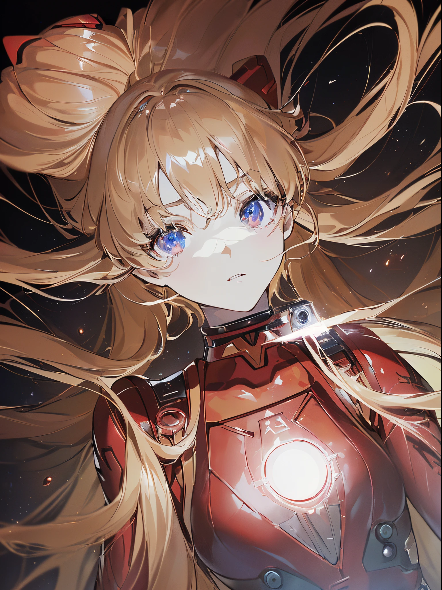 ((Souryu Asuka Langley, Interface headset, Red bodysuit:1.4, Blonde)),(Glowing eyes:1.233),(Beautiful and detailed eyes:1.1),(deadpan,Closed mouth),(Standing), 1girl in,Solo,(masutepiece,Best Quality, Official art,Aim for an audience, Beautiful and aesthetic:1.2),(超A high resolution,spirals, Golden ratio, (4K), See from above,((On the earth)),((in the space)),floating,good lighting, (Photon mapping, Radio City, Physically-based rendering,Automatic White Balance), technological sense,amazing,Sharp Focus,Rich background, (((High detailed skin,)))Dynamic lighting,intricate detailed outfit,Glowing eyes,Watery eyes,(masterpiece sidelighting),(a beauty girl,The sheen),[[Delicate fingers and hands:0.55]::0.85],(Detail fingers),((((SLR camera lens in the eye,Ultra Photographic Quality,Fisheye,ultra wide-angle)))),((unbelievable Ridiculous)),Micro Shot,((extremely_Detailed_Eyes_And_Face)),(disheveled hair),darkness,Film Girl