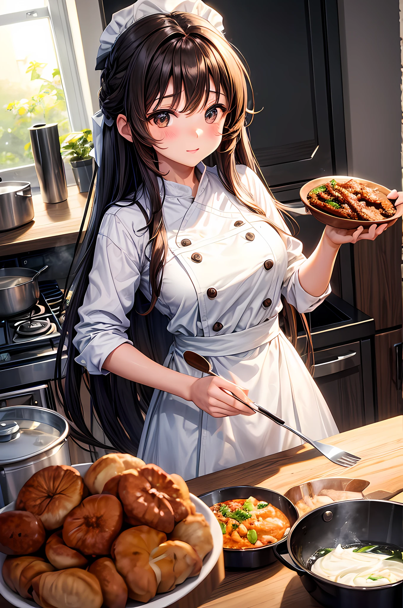 a cute girl cooking, long hair beautiful big brown eyes, long hair, modest.