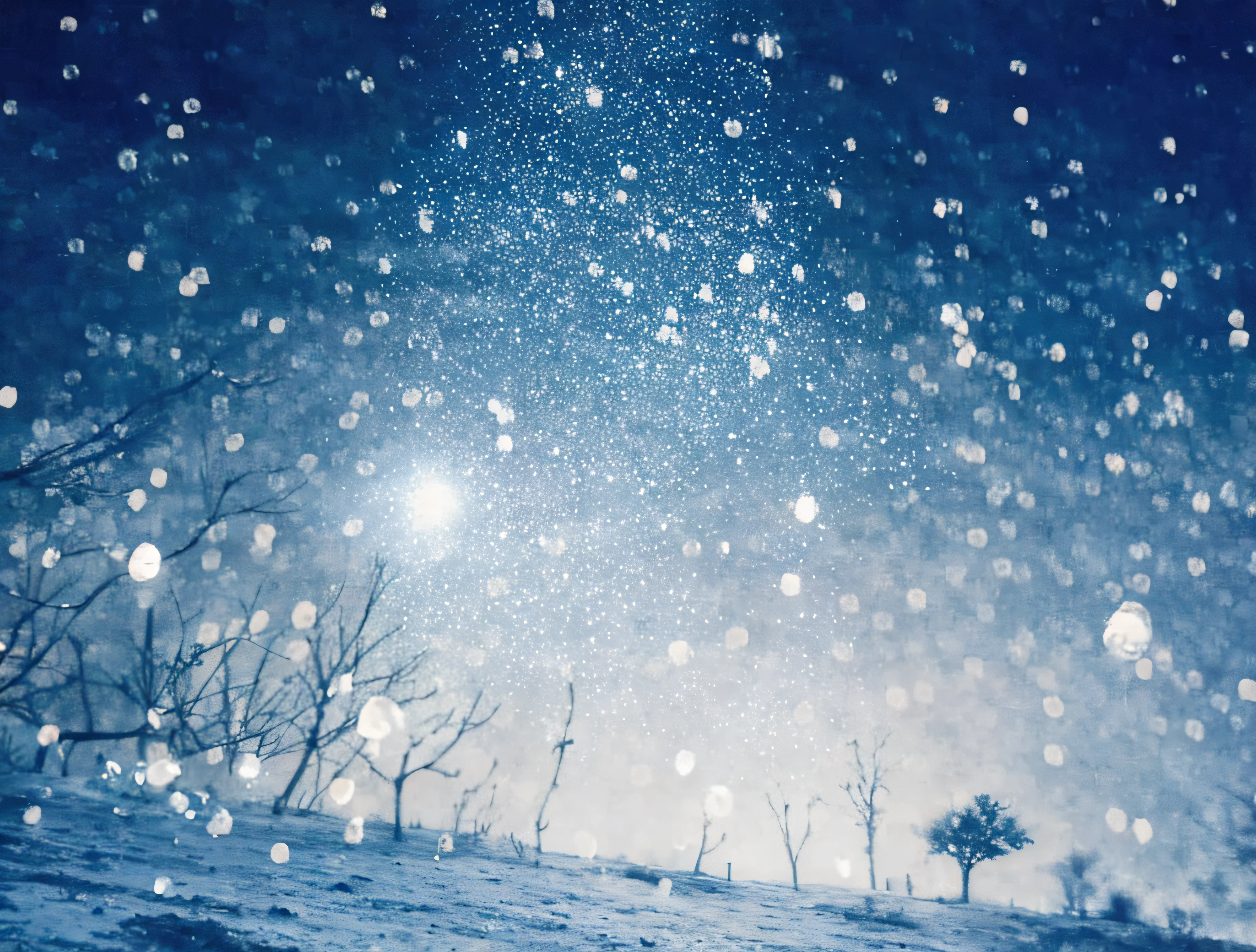 there is a picture of a picture of a tree and some snow, moonlight snowing, snowing, snowfall at night, multiple exposure, raining at night, atmospheric artwork, cyanotype, instant photograph of the sky, lofi album art, ethereal bubbles, raindrops, pinhole photo : dream, blue tint expired film, rinko kawauchi
