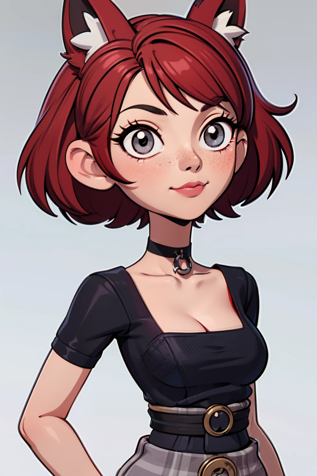 1girl, ager, solo, (short pixie cut Hair, undercut red hair: 1.28), ((light gray eyes)), some small freckles, (dark fox ears: 1.35), pale skin, medium breasts, cleavage, (thin hips, thin waist: 1.25), simple background, looking away, (tight ripped black shirt, choker, short shorts, thigh high stockings, plaid b&w sneakers: 1.11), masterpiece, best quality,3d rending work ,3DMM style, close-up, portrait, 3D,