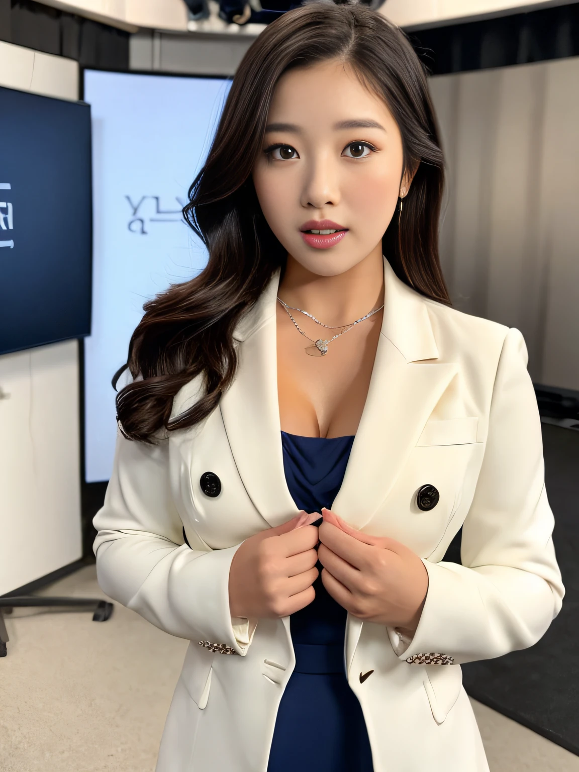 Broadcast Studio, huge-breasted, White Dress, navy blue formal blazer, Beautiful woman,