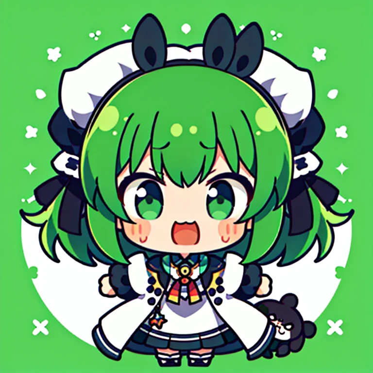 tmasterpiece, topquality,   big mouth、Tehe&#39;s facial expression、Massive sweat、whole body picture, 1girl in、jacket 、cartoon bone、 black cat ears,chibi:1,Chibichiara, Green Hair Anime Girl, cowboy  shot, , sleeves, trimmed with ribbons,