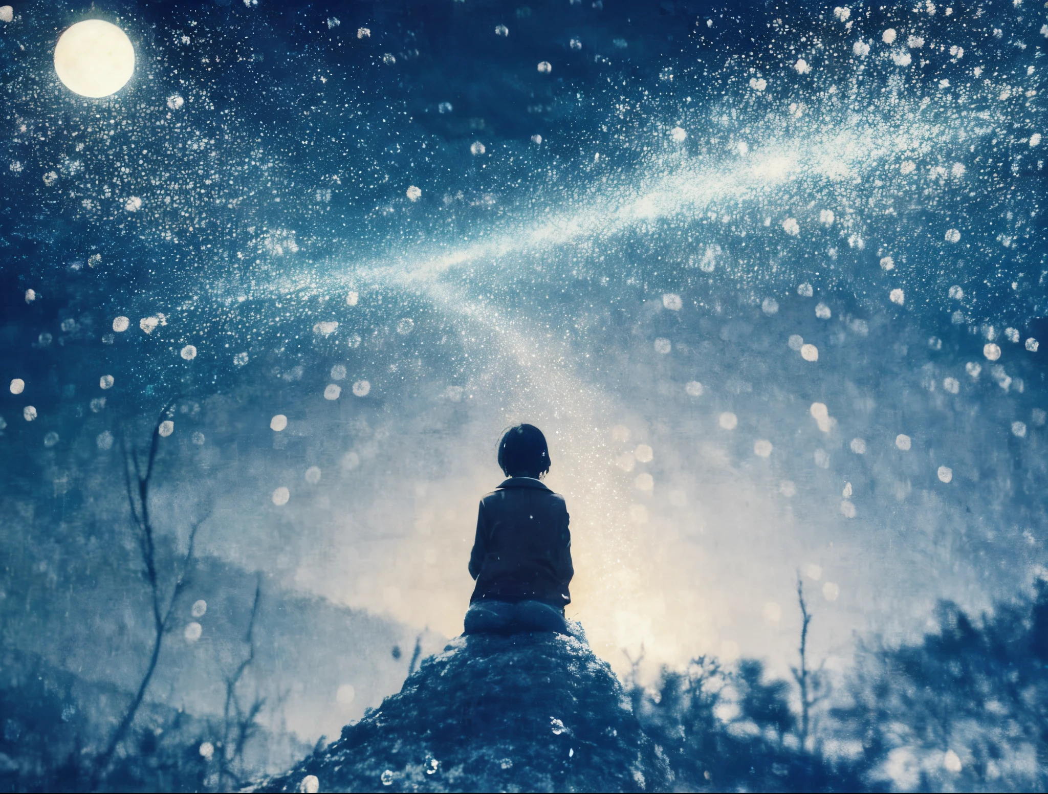 there is a picture of a picture of a tree and some snow, moonlight snowing, snowing, snowfall at night, multiple exposure, raining at night, atmospheric artwork, cyanotype, instant photograph of the sky, lofi album art, ethereal bubbles, raindrops, pinhole photo : dream, blue tint expired film, rinko kawauchi