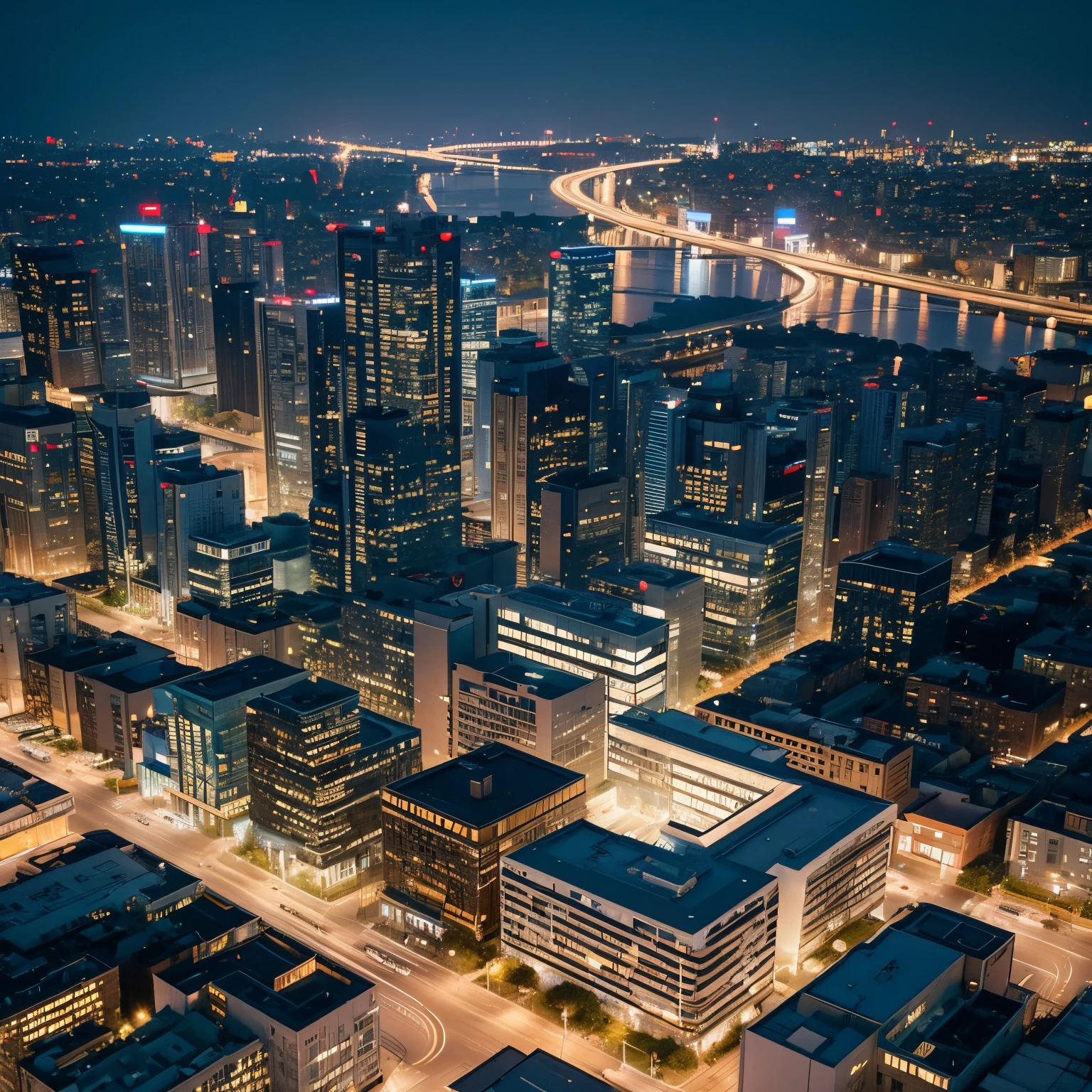Downtown, modern style, city, bird view view, house fogus, high details, night time, city background, light from city