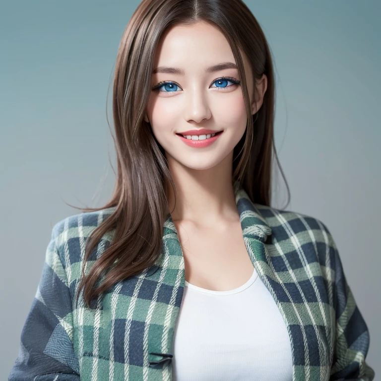 ((eBlue eyes)),Beutiful women,Long gray hair,Toothy smile,whitet-shirt,((green plaid jacket)),((blue backdrop))