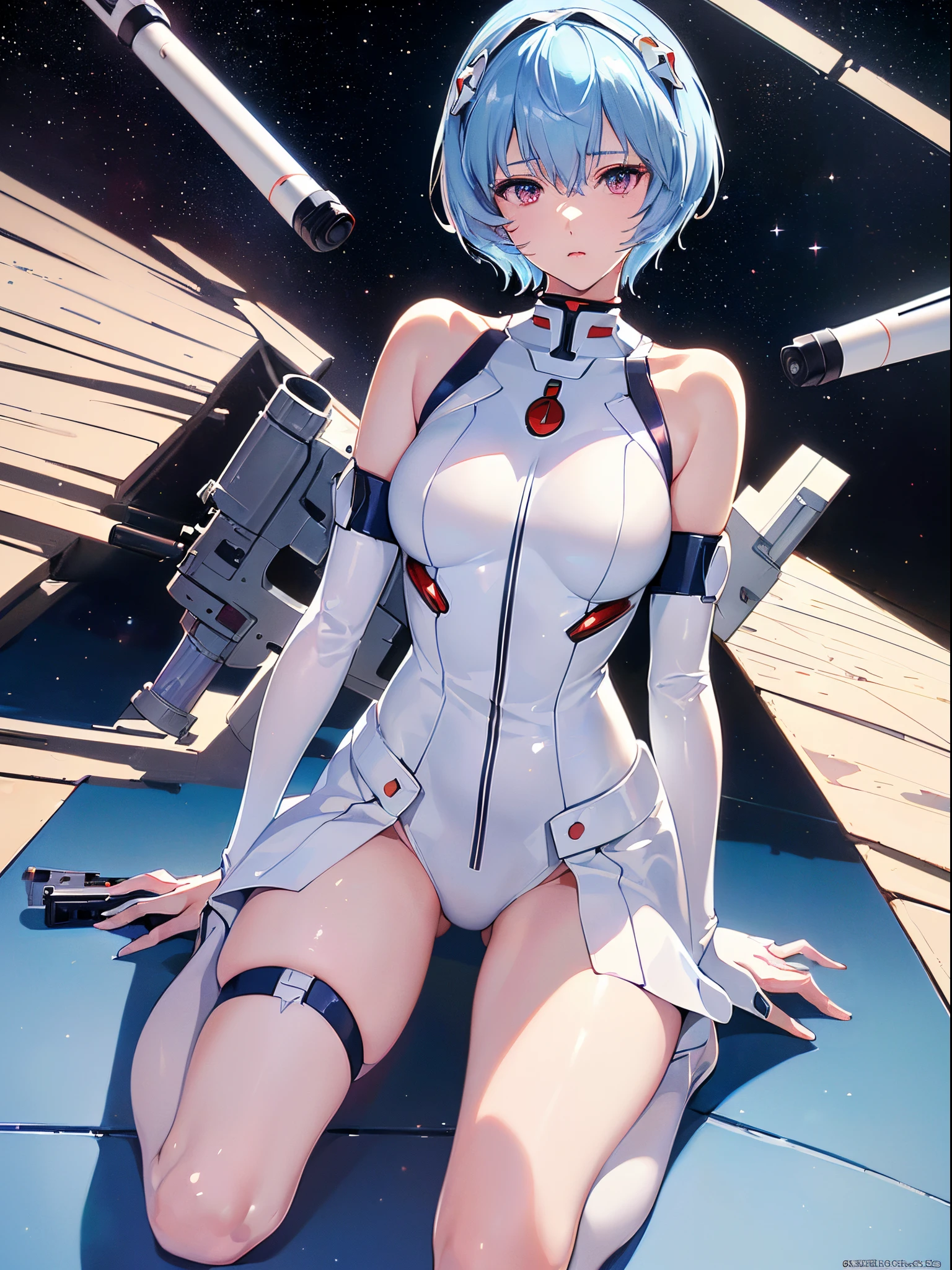 (((Ayanami Rei))),1girl in,Solo,(masutepiece,Best Quality, Official art, Beautiful and aesthetic:1.2),(超A high resolution, (4K), (Photon mapping, Radio City, Physically-based rendering,Automatic White Balance), technological sense,amazing,Sharp Focus,Rich background, (((High detailed skin,)))Dynamic lighting,intricate detailed outfit,kawaii,Watery eyes,((Short hair,))deadpan, skiny,  turtle neck, body suit, mechs,(masterpiece sidelighting),(a beauty girl,The sheen),(sky blue hair,Pink eyes,）[[Delicate fingers and hands:0.55]::0.85],(Detail fingers),(kneel down on the ground), 20d,((universe:1.4),gun,(Shooting position:1.3),