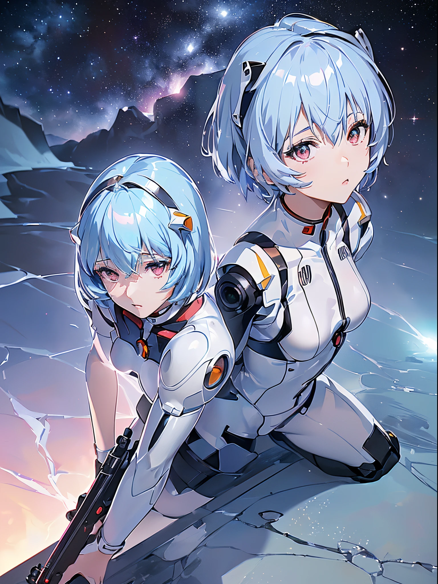 (((Ayanami Rei))),1girl in,Solo,(masutepiece,Best Quality, Official art, Beautiful and aesthetic:1.2),(超A high resolution, (4K), (Photon mapping, Radio City, Physically-based rendering,Automatic White Balance), technological sense,amazing,Sharp Focus,Rich background, (((High detailed skin,)))Dynamic lighting,intricate detailed outfit,kawaii,Watery eyes,((Short hair,))deadpan, skiny,  turtle neck, body suit, mechs,(masterpiece sidelighting),(a beauty girl,The sheen),(sky blue hair,Pink eyes,）[[Delicate fingers and hands:0.55]::0.85],(Detail fingers),(kneel down on the ground), 20d,((universe:1.4),gun,(Shooting position:1.3),