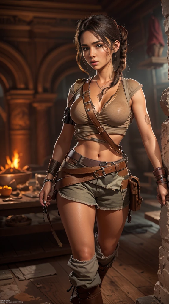8K ultra-realistic, highly detailed artwork , depicting a stunningly beautiful and alluring young Lara Croft in her signature attire, exuding a sexy appeal within a Maya artifact scene. Ensure intricate skin details, HDR lighting, and ray tracing effects, striving for an art piece reminiscent of a renowned artist's style, aiming for maximum visual allure and lifelike realism."huge natural breast
