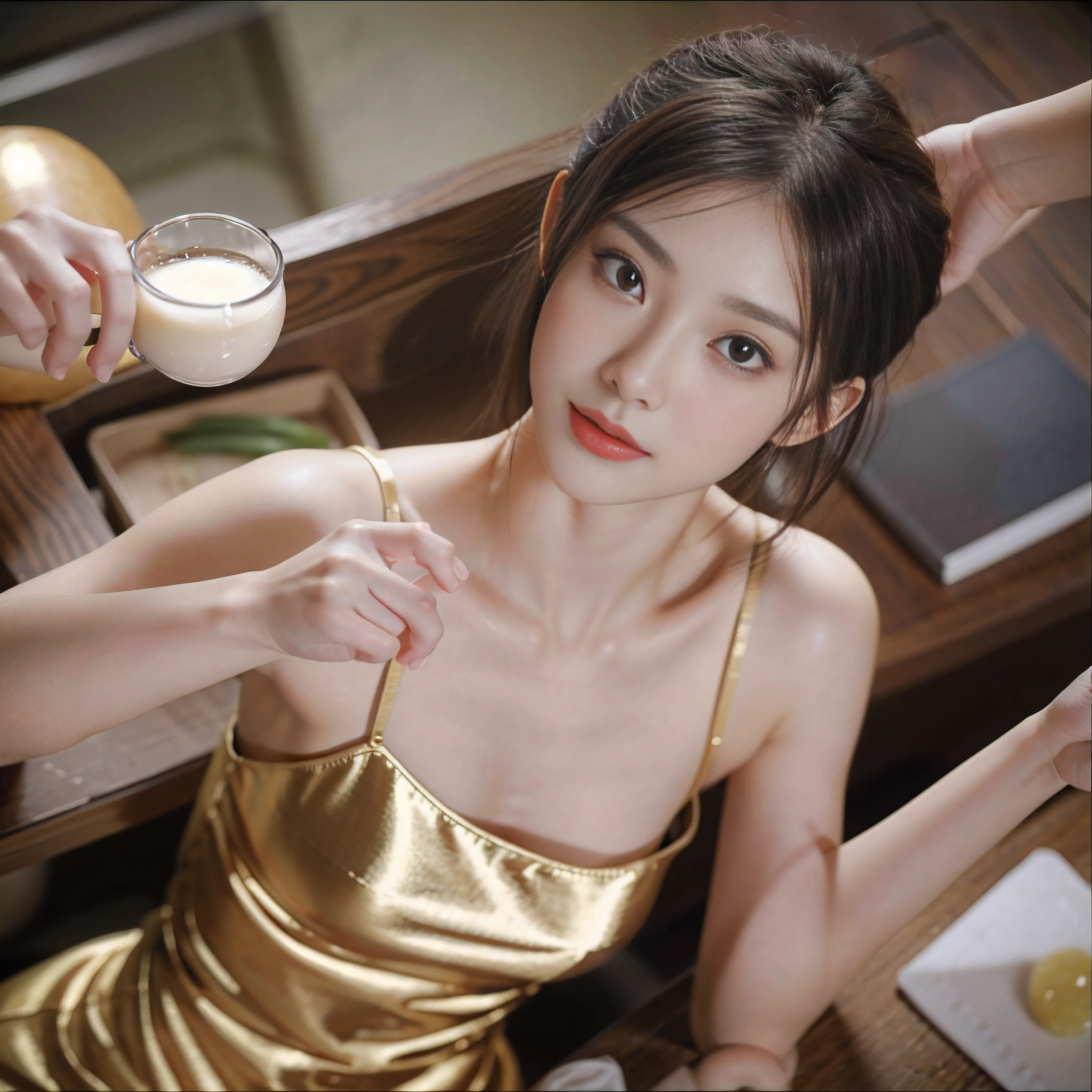 japanaese 2 girls, Drinking beer at the counter of a standing bar.Yakitori and small side dishes are lined up on plates at the counter, (Wearing an tutle-neck oversized knit one-piece), (photoshoot style, Shooting from front, Upperney Statue, body facing forward), 26 years old, (toned body type:1.2, Tall Height 5.35 feet), (normal breast :1.2, Hemispherical chest silhouette:1.2), little smiling, Perorbital swelling, Brown fluffy and wavy short-cut hair, Natural bangs, detailed brown eyes, Detailed finger, Suppin, No Make, (Photorealsitic:1.4), (High-resolution details of human skin texture:1.2, Rough skin:1.2, Uneven skin tone:1.6, Skin texture must be natural:1.1), top-quality, masterpiece, High resolution, Raw photo, natural soft light, Professional Lighting