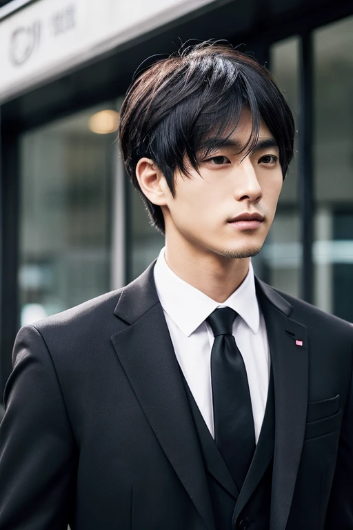 Handsome Japanese man wearing a black suit,Upper body portrait,Hairstyle is all back