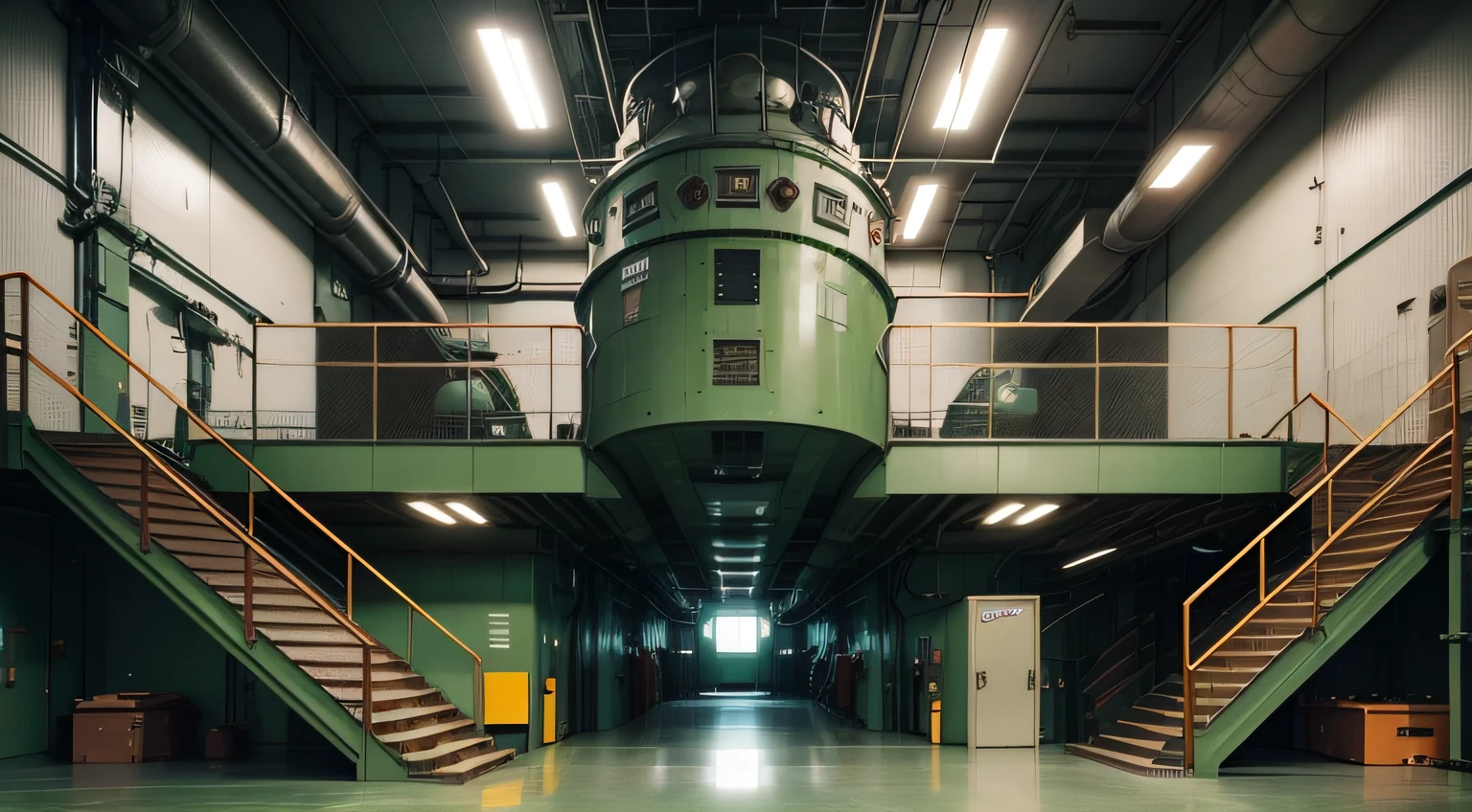 Machine room of a large industrial building，There are stairs and green floors, inside a science facility, ship interior, Inside the giant robot factory, The photo shows a large, ground-level view, ground-level view, Interior of the submarine of the future