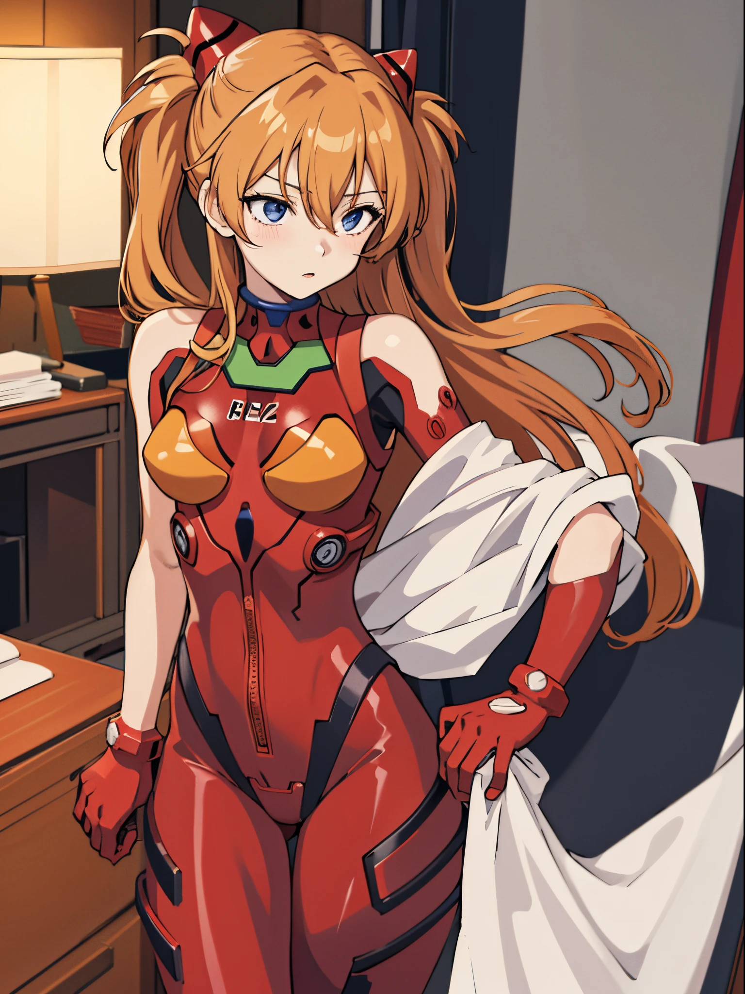 (masutepiece, Best Quality, Detailed), 1girl in, Solo, Indoors, dress room, 双臂在头后, Cowboy Shot,
Souryu Asuka Langley, Interface headset, Red bodysuit