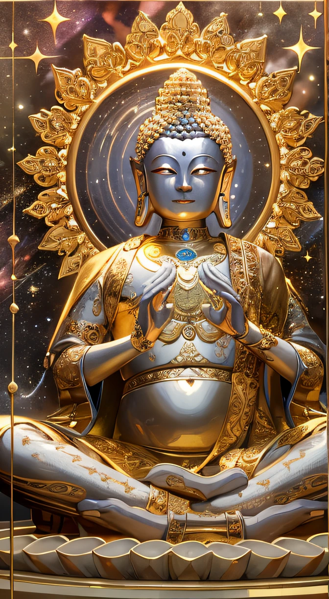 An epic masterpiece，Works of masters，The high-tech Buddha of the future，gold eyes，he crosses his arms，Red spiders，Buddha body is made of white metal，The Milky Way shines behind me，Solemn and majestic，Audience faces and perspectives，ultra HD picture quality，tmasterpiece，Best quality，The details were perfect，Buddha body metallic luster