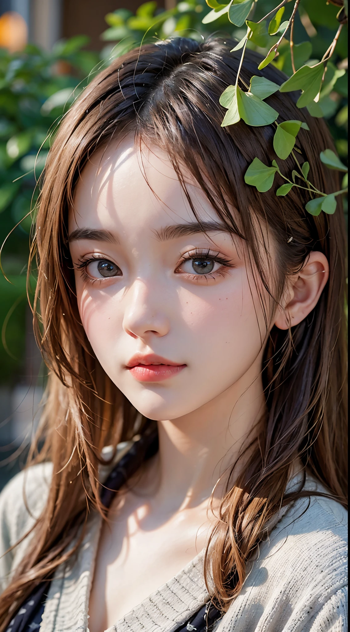 About 20 years old、Japan women、Beautiful woman、Blonde straight long hair、Beautiful hair、A detailed face、Detailed eyes、A detailed face、Detailed skin、realskin、((pajamas、Canadian pattern long cardigan))、autumn hospital、Hospital garden、Large ginkgo tree、((Black eyes))