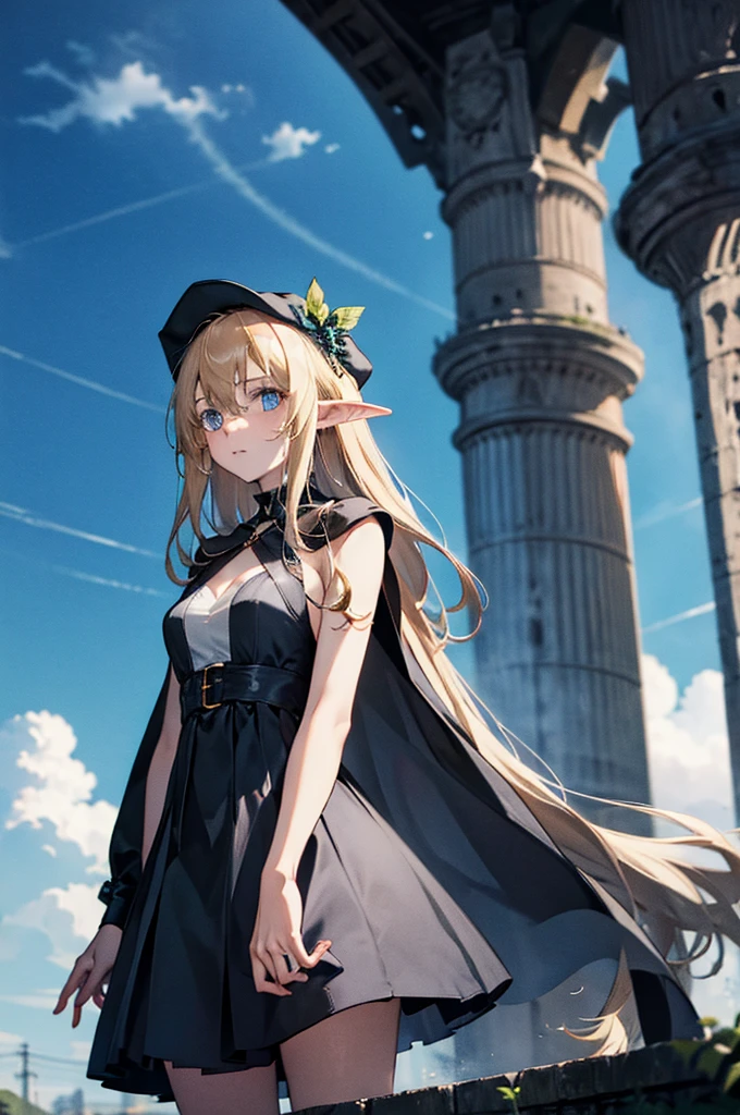 greyt hair，long whitr hair，Golden eyes，Wizard's Hat，Black cape，Long dark blue dress，Elf ears