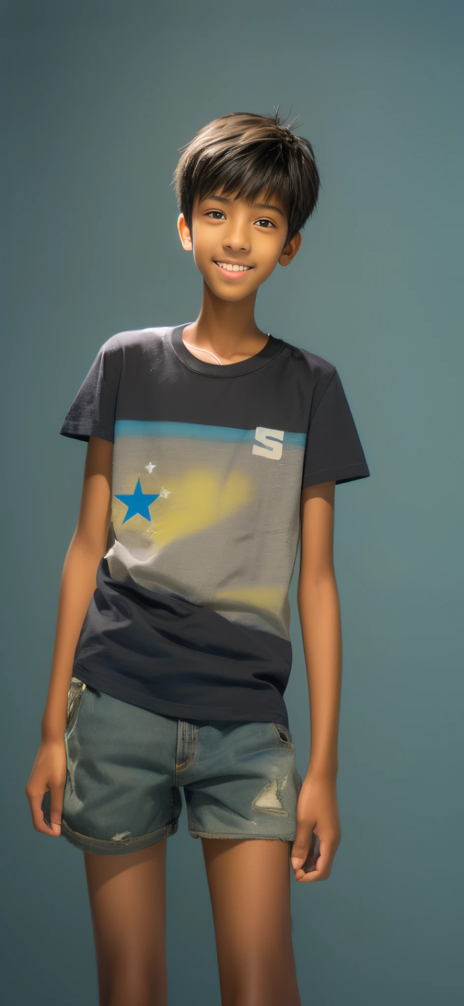 14 year old boy，Wheat-colored skin，Blue ripped denim shorts，black t-shirts，largeeyes，Blue super short hair，tall and lanky skinny，fully body photo，A junior high school student，Grinning，k hd，starryskybackground，