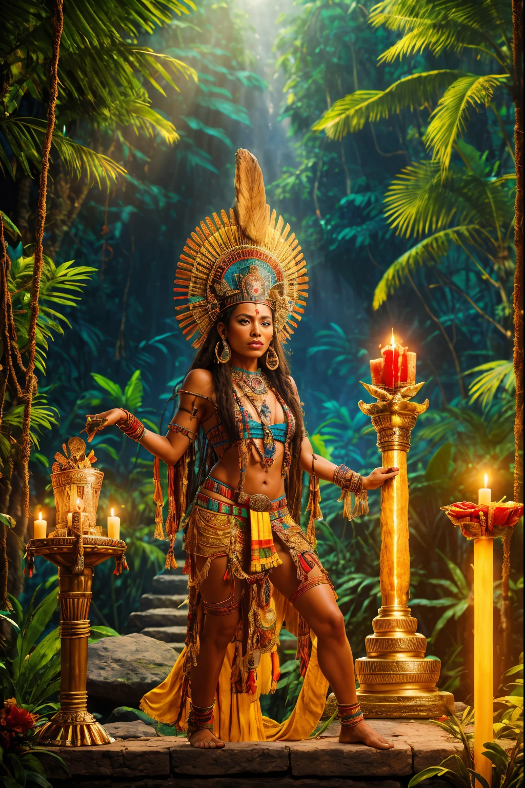 Beautiful Aztec priestess, sexy Aztec priestess clothing, at the top of a stepped pyramid, jungle background, (sacrificing a man on a bloody altar), masterpiece, cinematic lighting, RAW photography, backlight, bokeh, sharp focus, rim lighting, 8k, high quality
