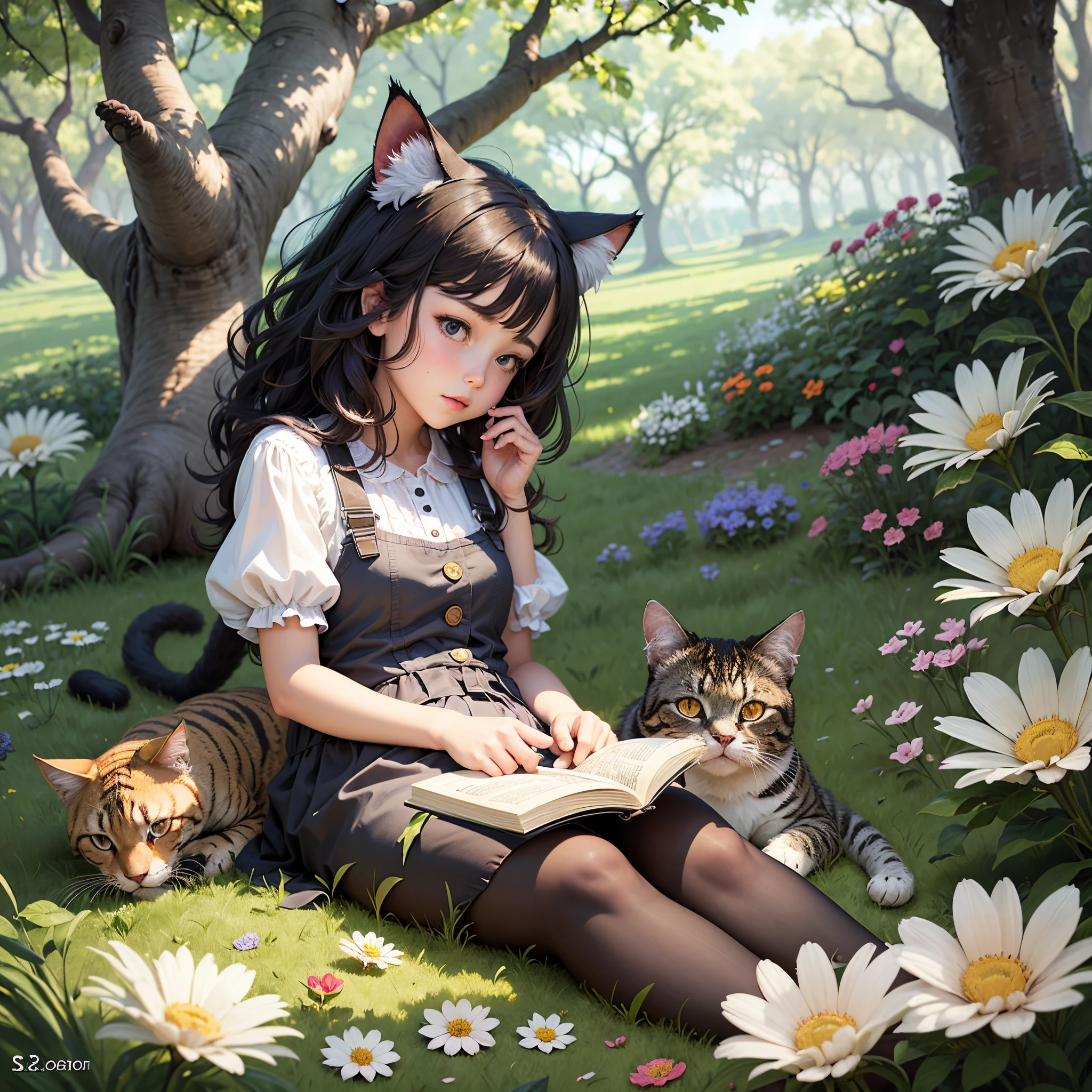 An illustration shows a *********** lying on the lawn reading a book,with a huge cat protecting her behind,surrounded by beautiful flowers --auto --s2