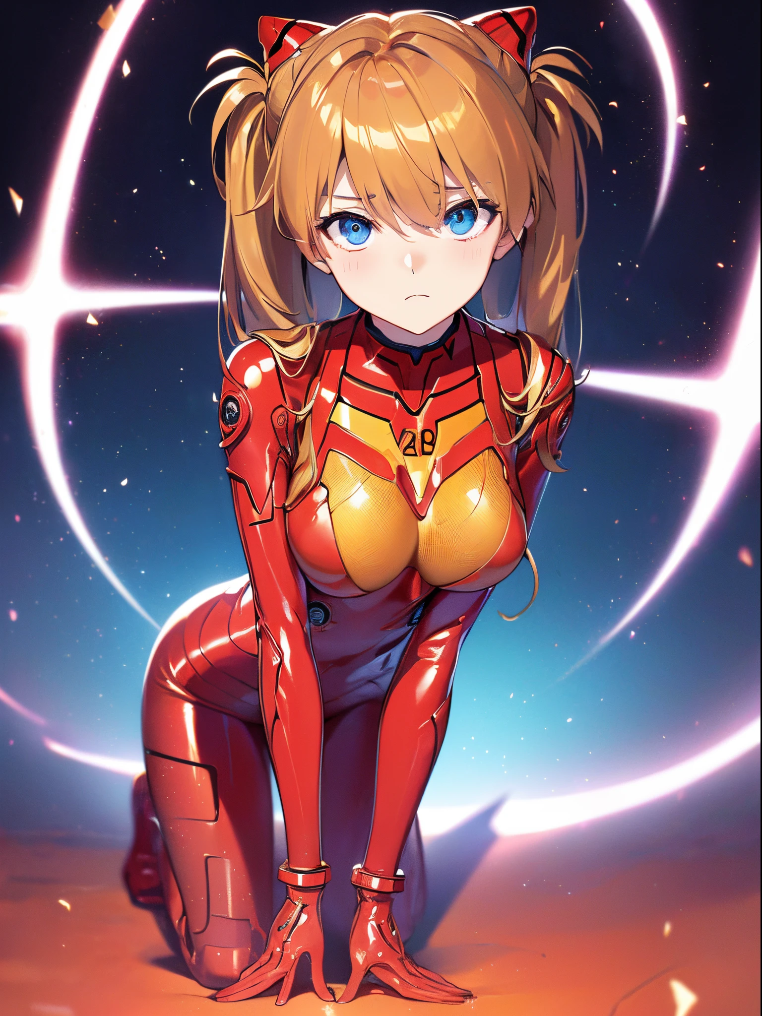 ((Souryu Asuka Langley,Headgear,Red latex suit:1.2,Blonde,Long twintails)),(Glowing eyes:1.233), diffuse reflection, High name recognition, An majestic,(frown,Tsundere,Blushing,Adorable face,a beauty girl,kawaii,)(Beautiful and detailed eyes:1.3),1girl in,Solo,(masutepiece,Best Quality, offcial art,Target your audience, Beautiful and aesthetic:1.2),(超A high resolution,Golden ratio), (4K), (Looking from above),((Flower bouquet,))Kneeling,floating, (photo maping, Physically-based rendering,Automatic White Balance),amazing,Sharp Focus,(((holographic projector))), (((High detailed skin,)))Dynamic lighting,Intricately detailed clothing,Watery eyes,(masterpiece sidelighting),(busty,a beauty girl,The sheen),[[Delicate fingers and hands:0.55]::0.85],(Detail fingers),((((BREAK,design an image with fisheye lens effect, Capture a characteristic broad field of view, curved perspective.BREAK,)))Excellent photo quality,((extremely_Detailed_Eyes_And_Face)),(disheveled hair),Movie girl,