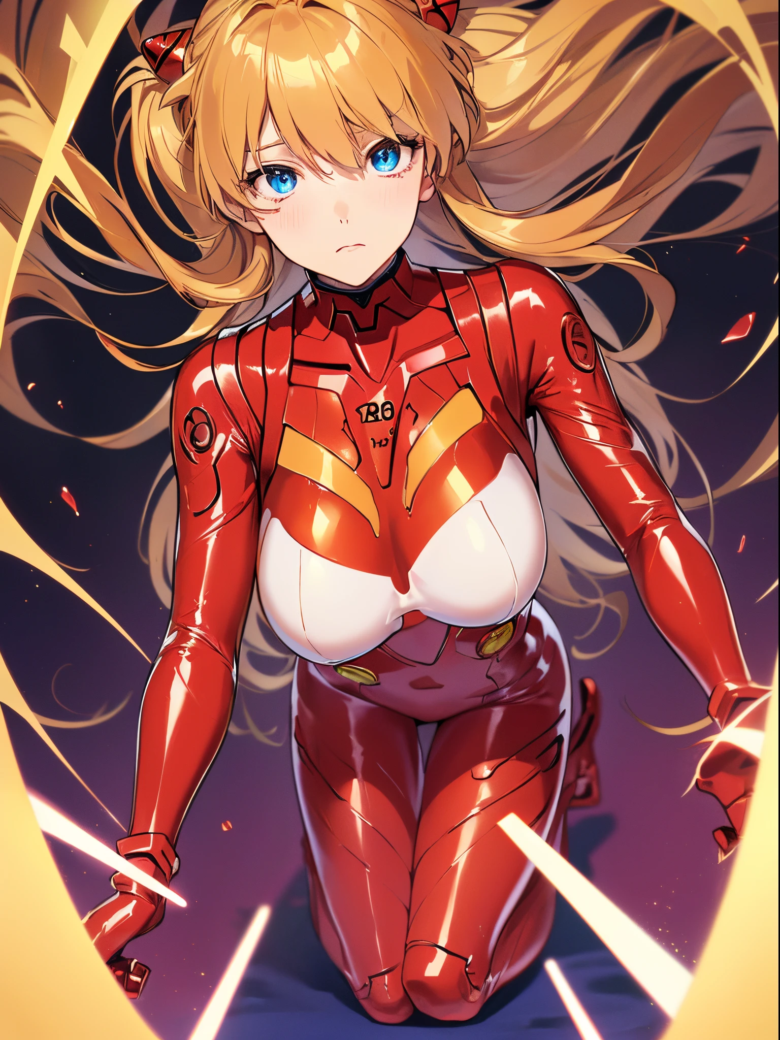 ((Souryu Asuka Langley,Headgear,Red latex suit:1.2,Blonde,Long twintails)),(Glowing eyes:1.233), diffuse reflection, High name recognition, An majestic,(frown,Tsundere,Blushing,Adorable face,a beauty girl,kawaii,)(Beautiful and detailed eyes:1.3),1girl in,Solo,(masutepiece,Best Quality, offcial art,Target your audience, Beautiful and aesthetic:1.2),(超A high resolution,Golden ratio), (4K), (Looking from above),((Flower bouquet,))Kneeling,floating, (photo maping, Physically-based rendering,Automatic White Balance),amazing,Sharp Focus,(((holographic projector))), (((High detailed skin,)))Dynamic lighting,Intricately detailed clothing,Watery eyes,(masterpiece sidelighting),(busty,a beauty girl,The sheen),[[Delicate fingers and hands:0.55]::0.85],(Detail fingers),((((BREAK,design an image with fisheye lens effect, Capture a characteristic broad field of view, curved perspective.BREAK,)))Excellent photo quality,((extremely_Detailed_Eyes_And_Face)),(disheveled hair),Movie girl,