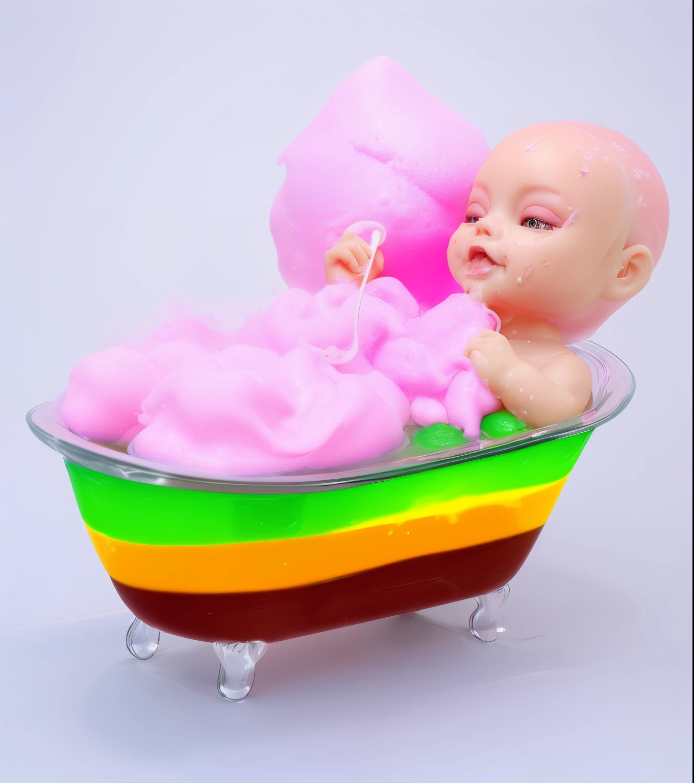 Doll in a glass bath, filled with colorful jelly, and sprinkled with cotton candy. holds a stick with cotton candy in his hand. The jelly is transparent and the immersed body of the toy child is visible....... . Ultra-high-quality photos