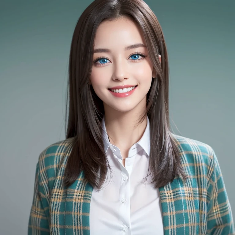 (Leave space above the picture),((eBlue eyes)),Beutiful women,Long gray hair,Toothy smile,whitet-shirt,((green plaid jacket)),((blue backdrop))