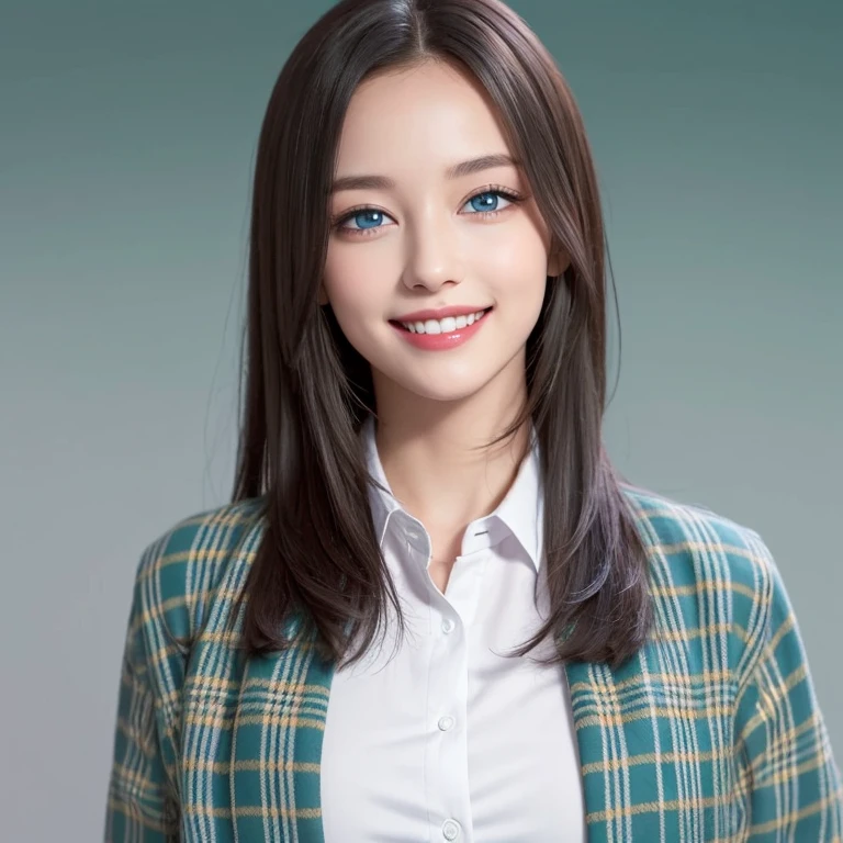 (Leave space above the picture),((eBlue eyes))，Beutiful women，Long gray hair，Toothy smile，whitet-shirt，((green plaid jacket)),((blue backdrop))
