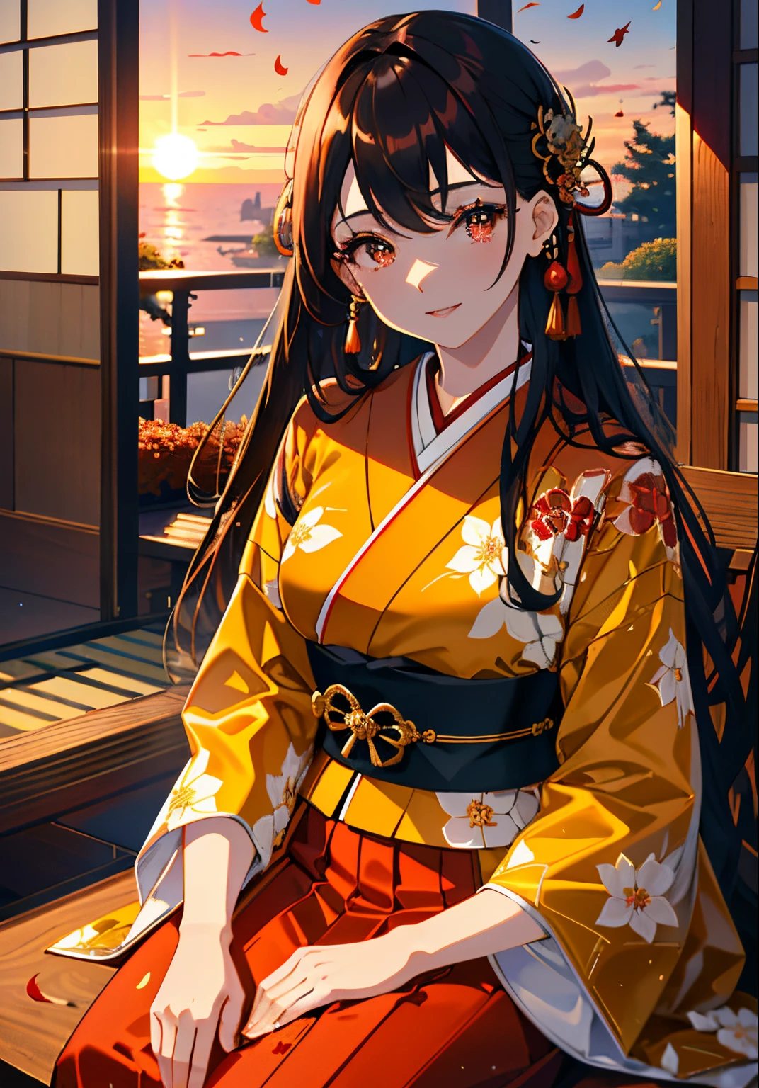 ((masterpiece,hight resolution,8K picture quality,top-quality)),1girl in,((extra detailed face)),femele,Delicate eyes,((dark red eyes)),((hairstyle on:Straight Long,A dark-haired,Hair exposed to light turns dark red)),big red ribbon barrette,Dark purple classic pattern kimono,Modern taste,Smile elegantly,Natural complexion,Brown leather nandina pattern collar,sun light,Sunset,((autumnal,Colored leaves,You can see the sunset from the balcony,Japanese garden,traditional Japanese room,Evening glow,Watch the sunset from the veranda)),