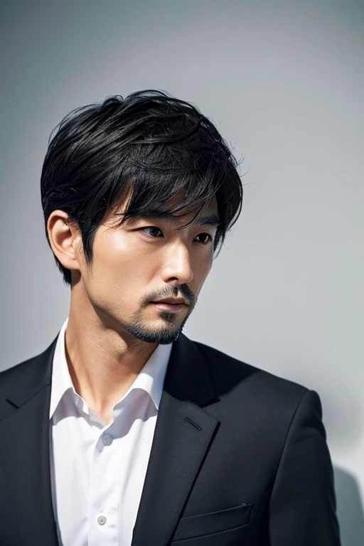 Handsome Japanese man in his 40s wearing a black suit,Upper body portrait,Bearded,Bangs are down