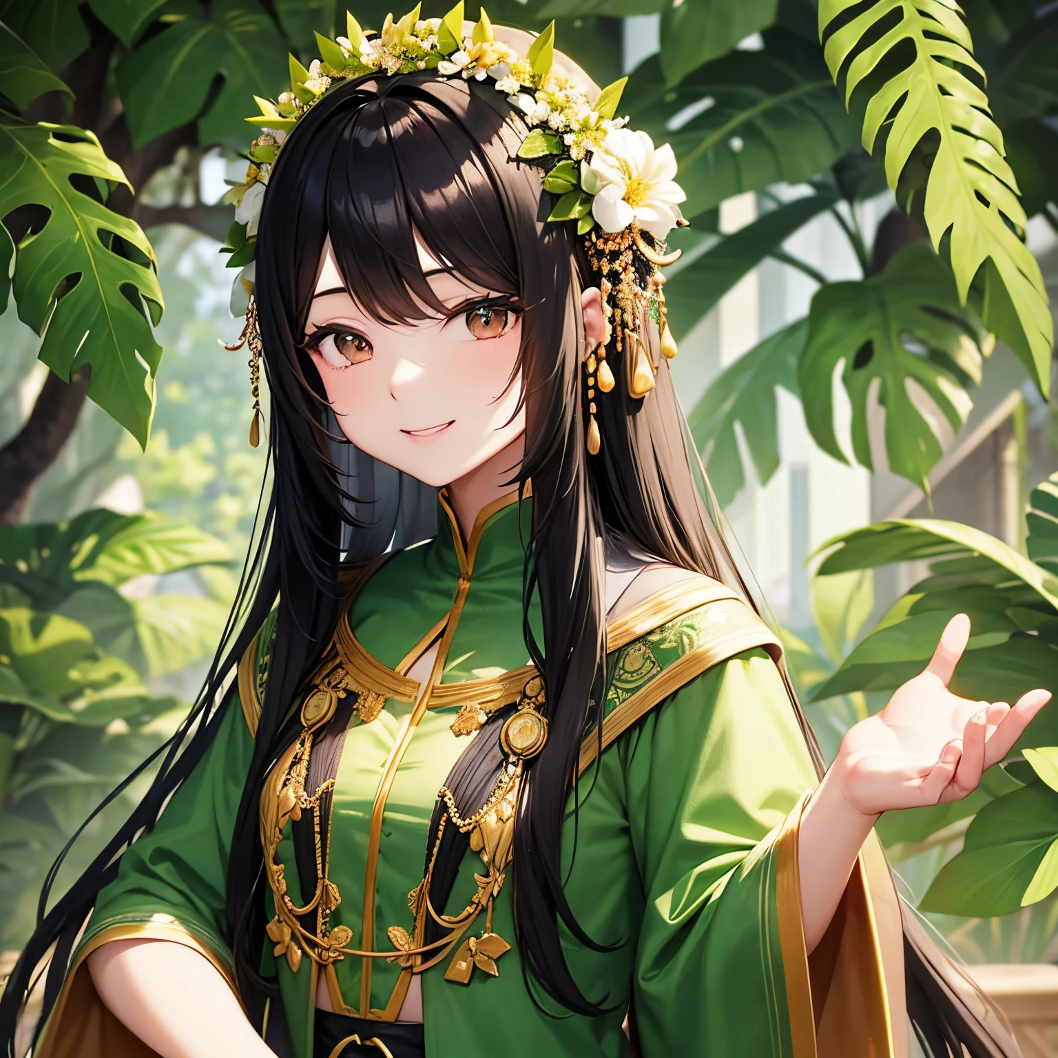 Long Black Hair、Green clothing、Floral hair ornament、adult-like、Smile、de pele branca、Less exposure