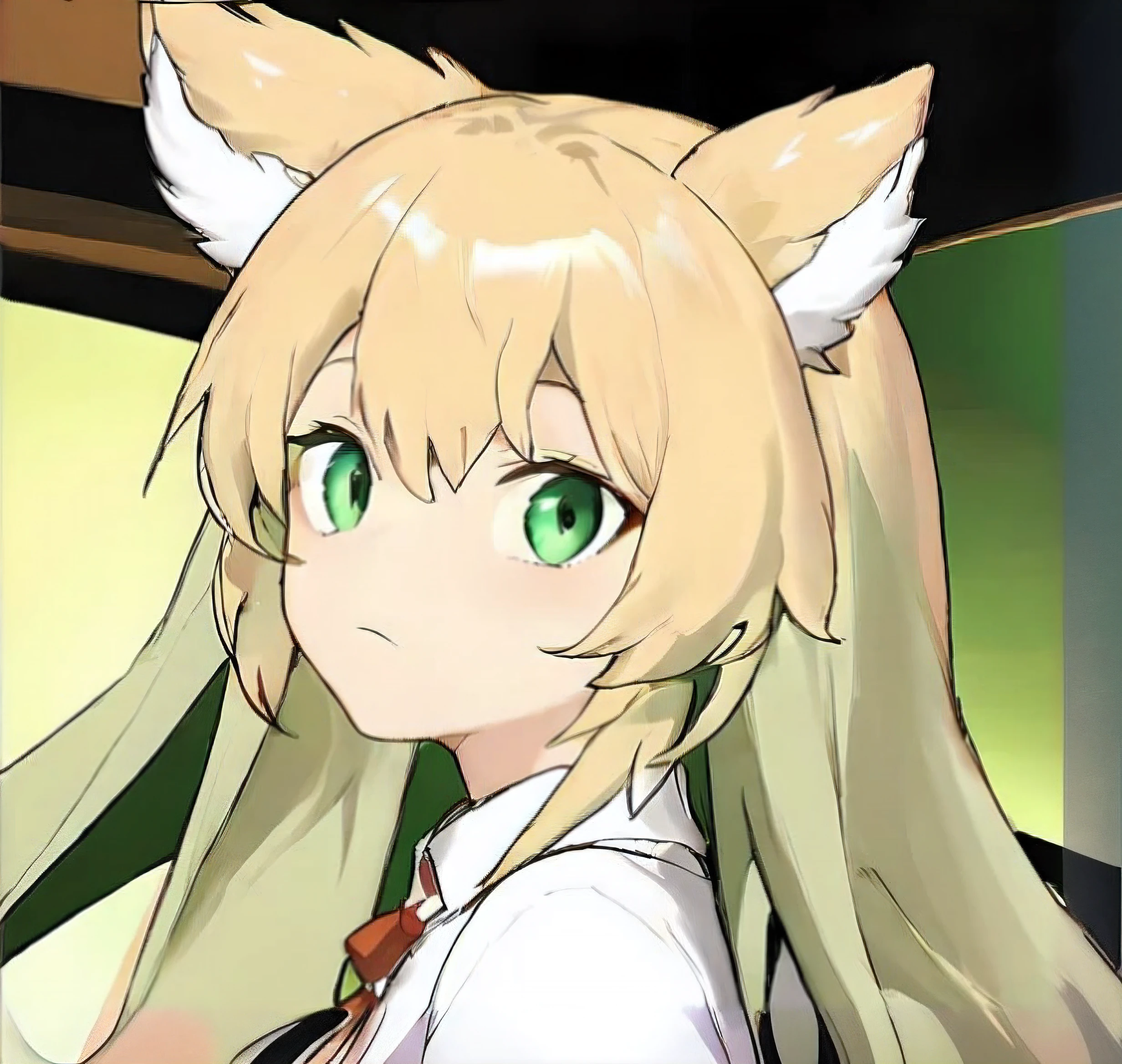 Anime manga girl，A long blonde hair，Green-eyed，in school uniform, anime cat girl, Holo is a wolf girl, Anime cute art style, cute anime catgirl, Cat ears anime girl, On the deer, beautiful anime catgirl, nekomimi, Ayaka Genshin impact, Fox letter, Hilabi, tornado，Full body lesbian