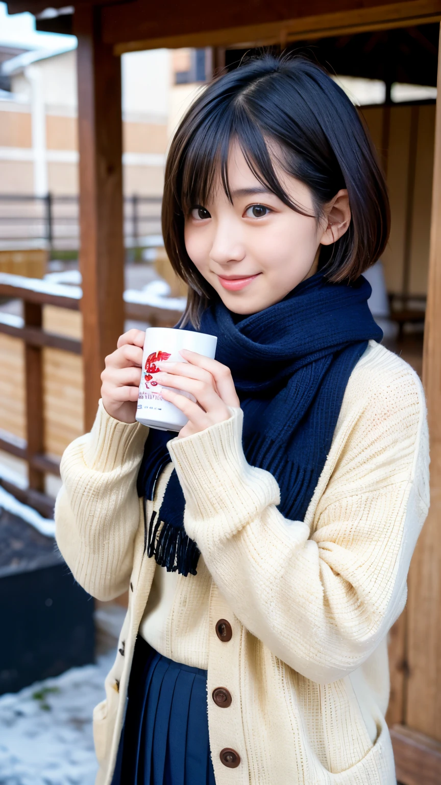 Best-quality, Masterpiece, Ultra-High-Resolution, (Photorealistic:1.4), Raw-Photo, Extremely-Details, Perfect-Anatomy,
1girl, at winter Japanese schoolyard, ((-yeld, mopopular Japanese idol)),
((drinking very hot coffee)), looking at viewer, innocent smile, cowboy-shot,
extremely cute face like a most famous Japanese idol, extremely beautiful big black solid circle eyes, extremely beautiful short-cut-haired, extremely beautiful realistic skins
(wearing Japanese school winter uniform, colorful scarf, navy blue pleated skirt),
detailed cute face, detailed beautiful big black solid circle eyes, detailed beautiful short-cut-haired, detailed beautiful realistic skins,
detailed Japanese high school winter uniform, detailed navy blue pleated skirt, detailed very hot coffee, detailed lots of steam from coffee