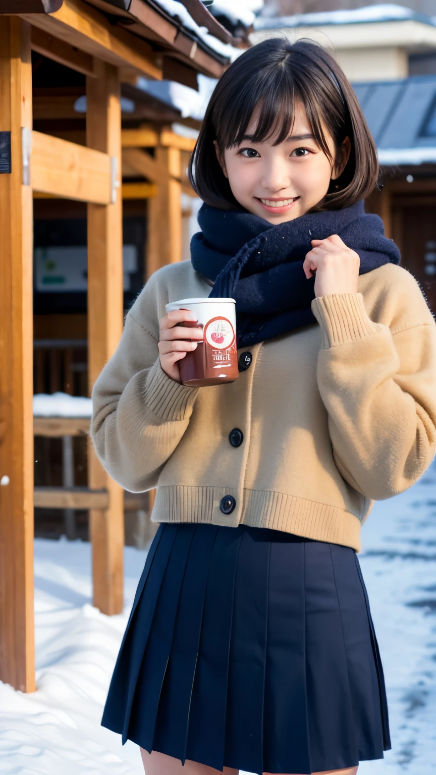 Best-quality, Masterpiece, Ultra-High-Resolution, (Photorealistic:1.4), Raw-Photo, Extremely-Details, Perfect-Anatomy,
1girl, at winter Japanese schoolyard, 15-years-old, most popular Japanese idol,
drinking very hot canned cocoa, looking at viewer, innocent smile, cowboy-shot,
extremely cute face like a most famous Japanese idol, extremely beautiful big black solid circle eyes, extremely beautiful short-cut-haired, extremely beautiful realistic skins
(wearing Japanese school winter uniform, colorful scarf, navy blue pleated skirt),
detailed cute face, detailed beautiful big black solid circle eyes, detailed beautiful short-cut-haired, detailed beautiful realistic skins,
detailed Japanese high school winter uniform, detailed navy blue pleated skirt, detailed very hot canned cocoa, detailed lots of steam from very hot canned cocoa