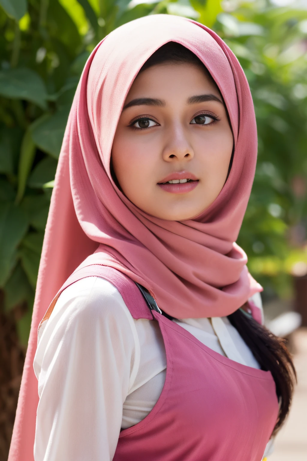 top-quality,Beautiful detailed hijabi,Bewitching face,(((kerala))) teen model,long lashes,Wearing a colorful (naked_apron),Detailed details,Colossal tits,sideboobs,stares at the camera