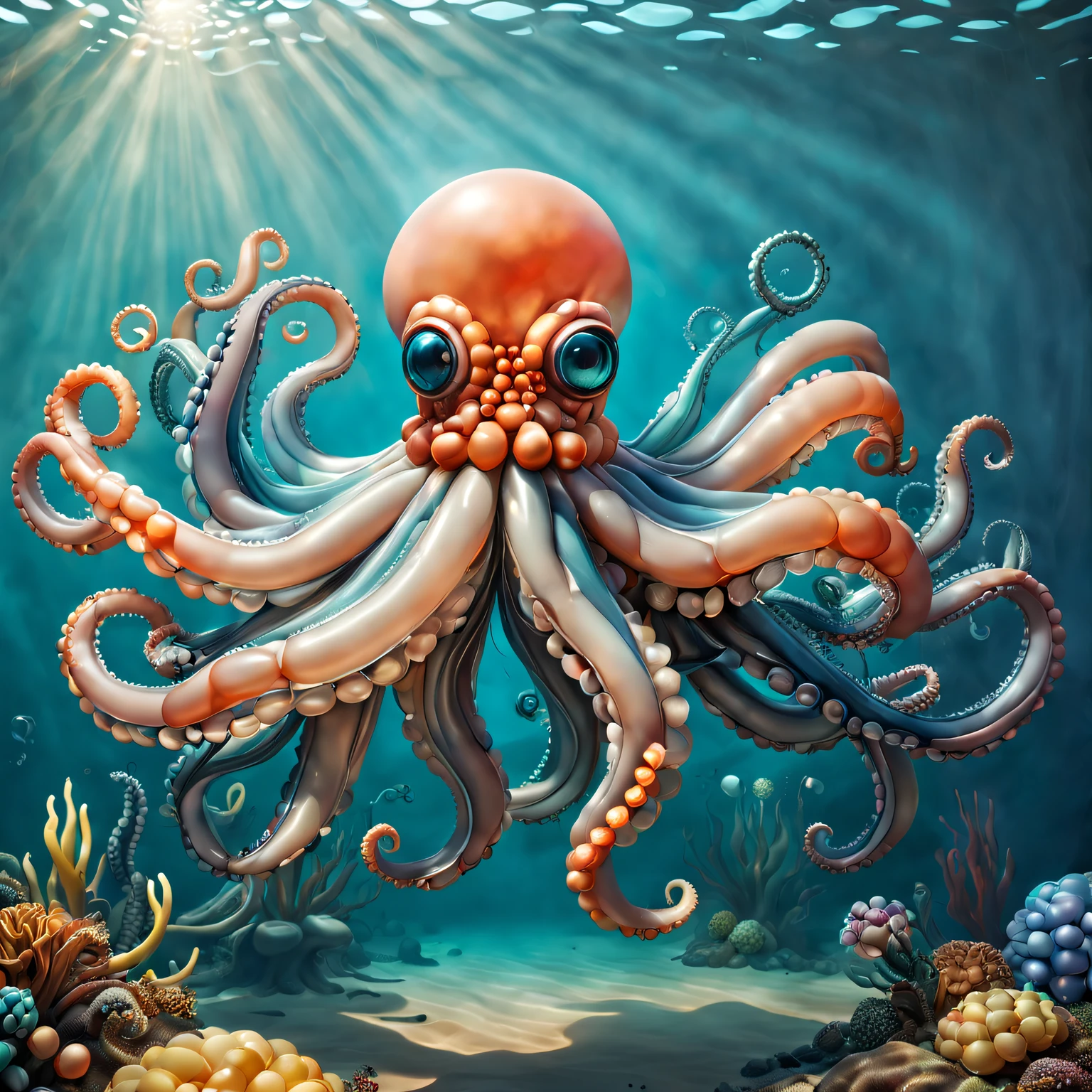 Transparent octopus made of balloons，in the ocean zoo,[illustratio, 3Drenderingof],[Best quality at best, A high resolution, ultra - detailed],[professional, vivd colour, Focus sharp],[Concept artist, Interesting and fun],[Colorful shades, Vibrant and eye-catching],[gentlesoftlighting, Highlight the shape and texture of the balloon]