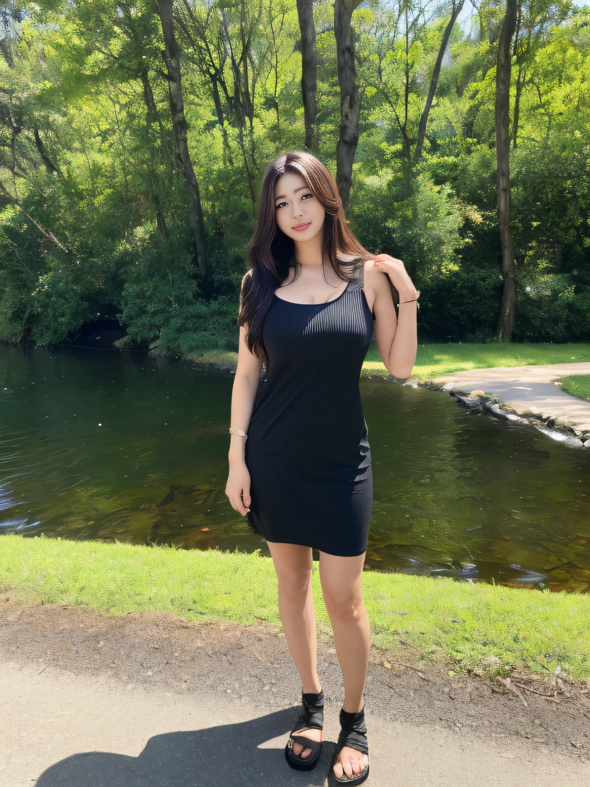 (In the daytime, nood, 8K, tmasterpiece:1.3)), full body Esbian, Long legs, Focalors:1.2, Perfect figure beautiful woman:1.4, Slim abs:1.1, ((dark brown hair, large tities:1.2 )), (shift dresses,,standing on your feet:1.2,), ((Urban Forest Park,mountain water :1.3)), Highly detailed facial and skin texture, A detailed eye, 二重まぶた,Flying long hair