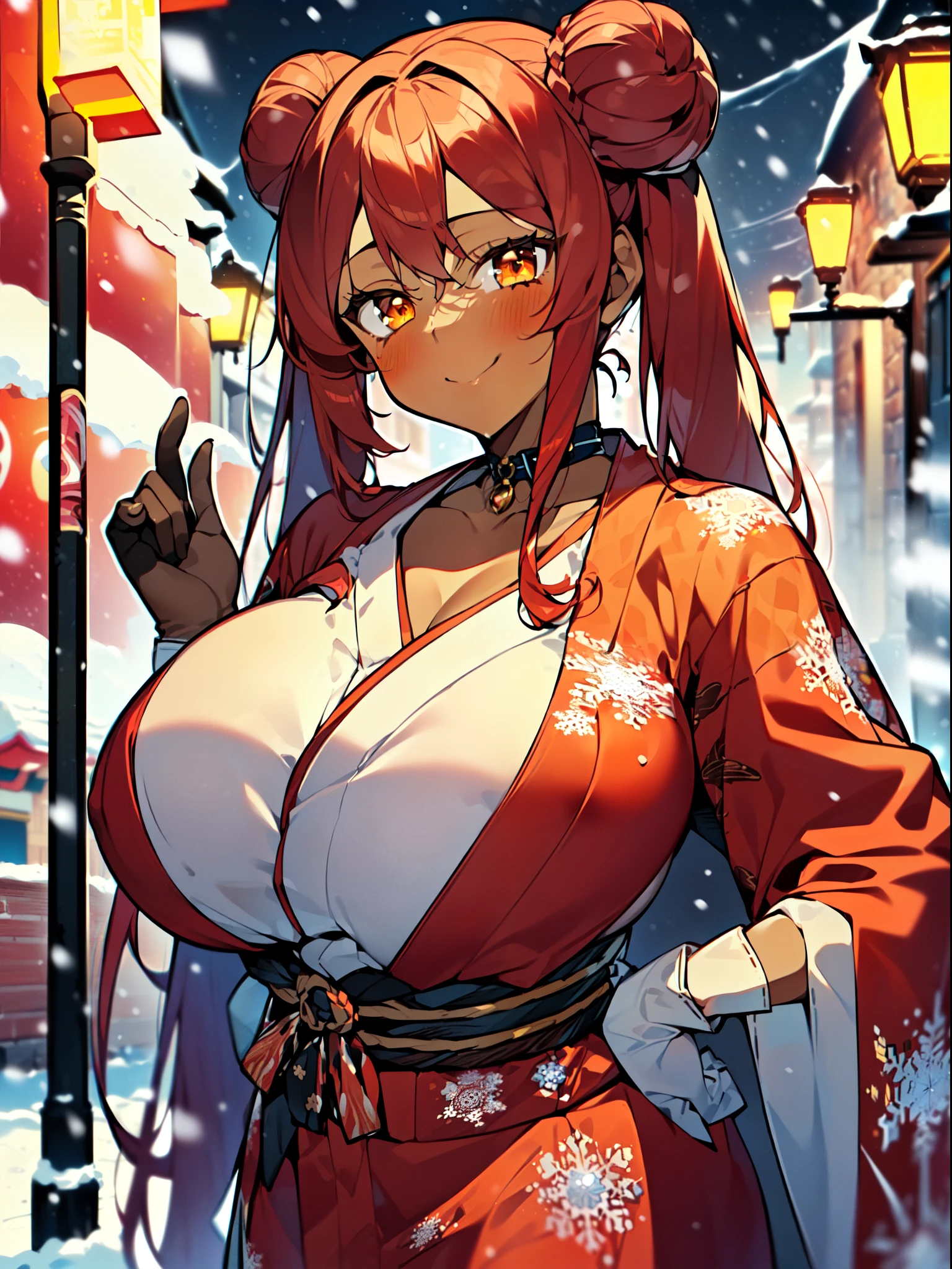 masterpiece, best quality, extremely detailed, 1girl, mature female, solo, (dark brown skin:1.7), volume, (huge breasts:1.2), ((((red hair), twintails, very long hair, bun, orange eyes))), (((collarbone, red kimono, print kimono, snowflakes print, white gloves))), ((blush, naughty smile), closed mouth), ((hands on own hips, streetlight, winter, snowing))