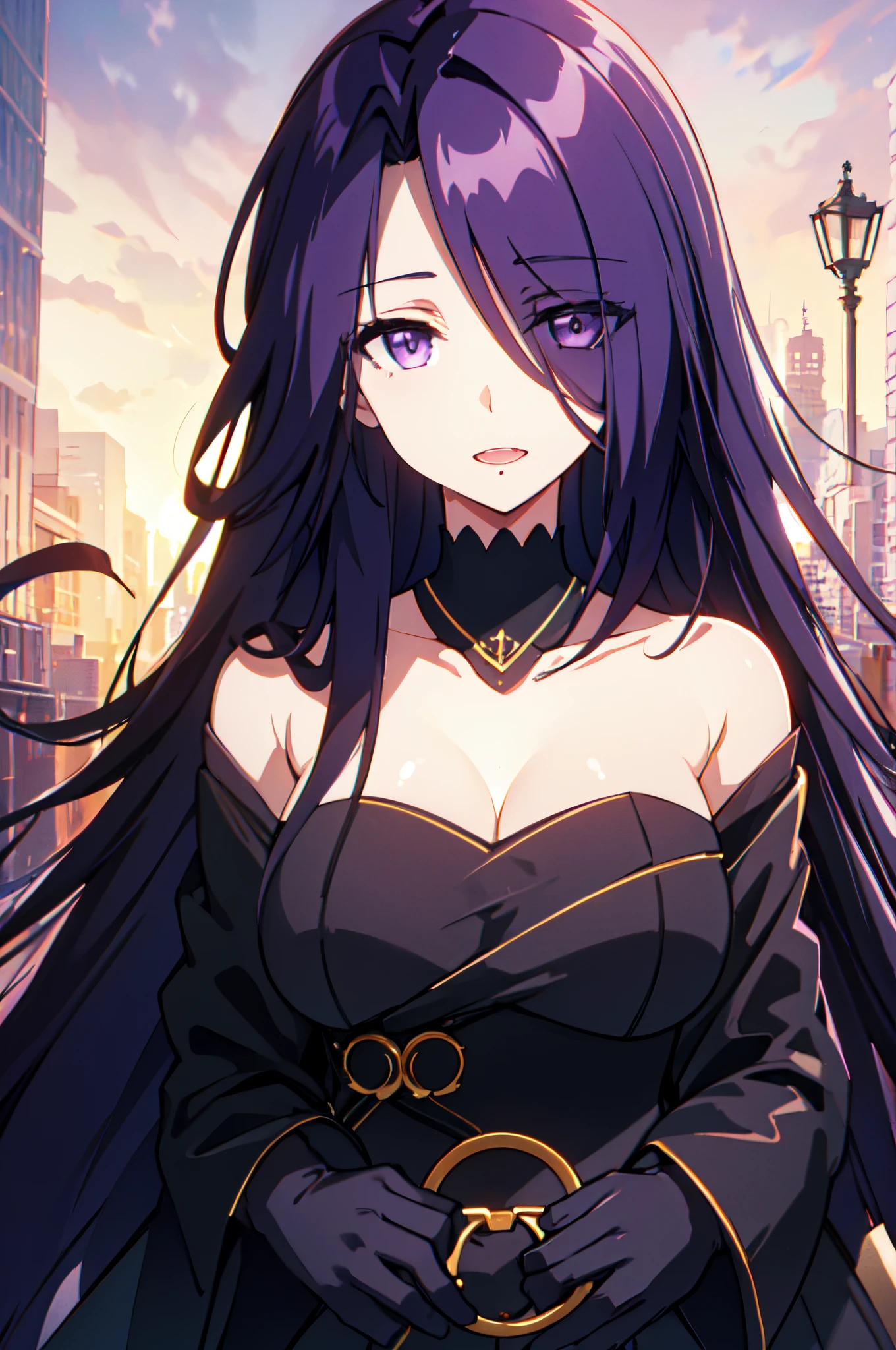 Black clothe、Dark purple hair、vibrant purple eyes、Longhaire、Black Gloves、The left eye is hidden、Mole in the lower right corner of the mouth、background is city at night、