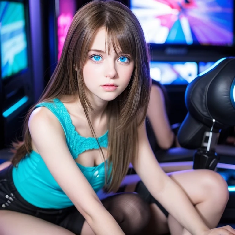 Stunning Sweet Cuties. photorealistic girl, eyes, blue eyes, skinny, girl, mini, real Beautiful face, playing full body standing, with friend, sexy, egirl, gameroom