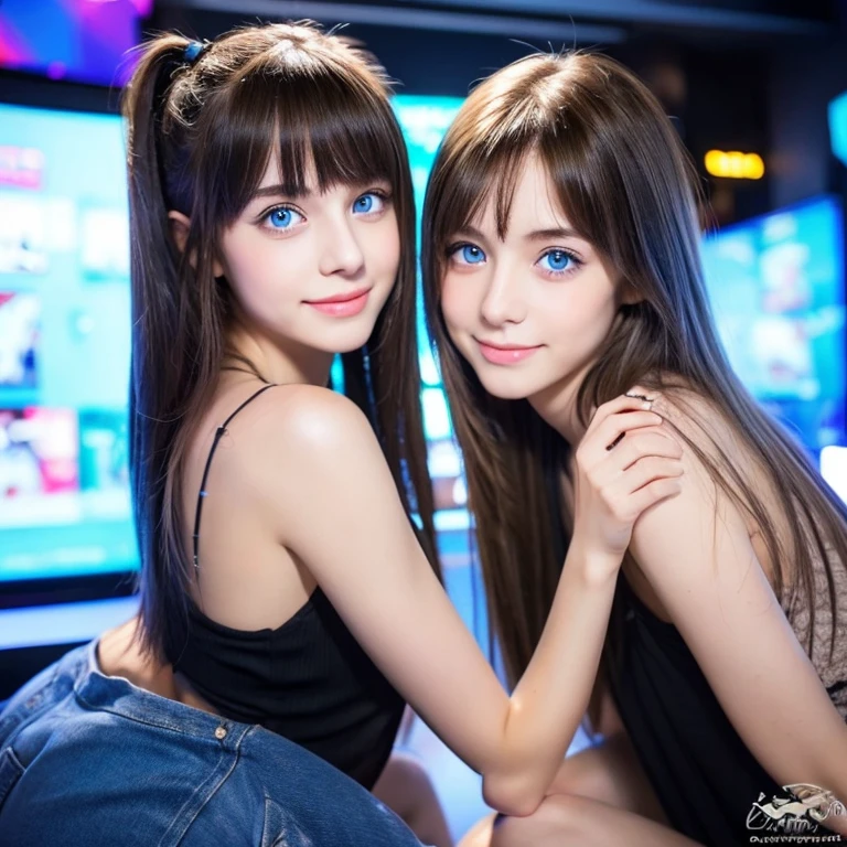 Stunning Sweet Cuties.  photorealistic girl, eyes, blue eyes, skinny, girl, mini, real Beautiful face, playing  full body standing, with friend, ????, egirl, gameroom