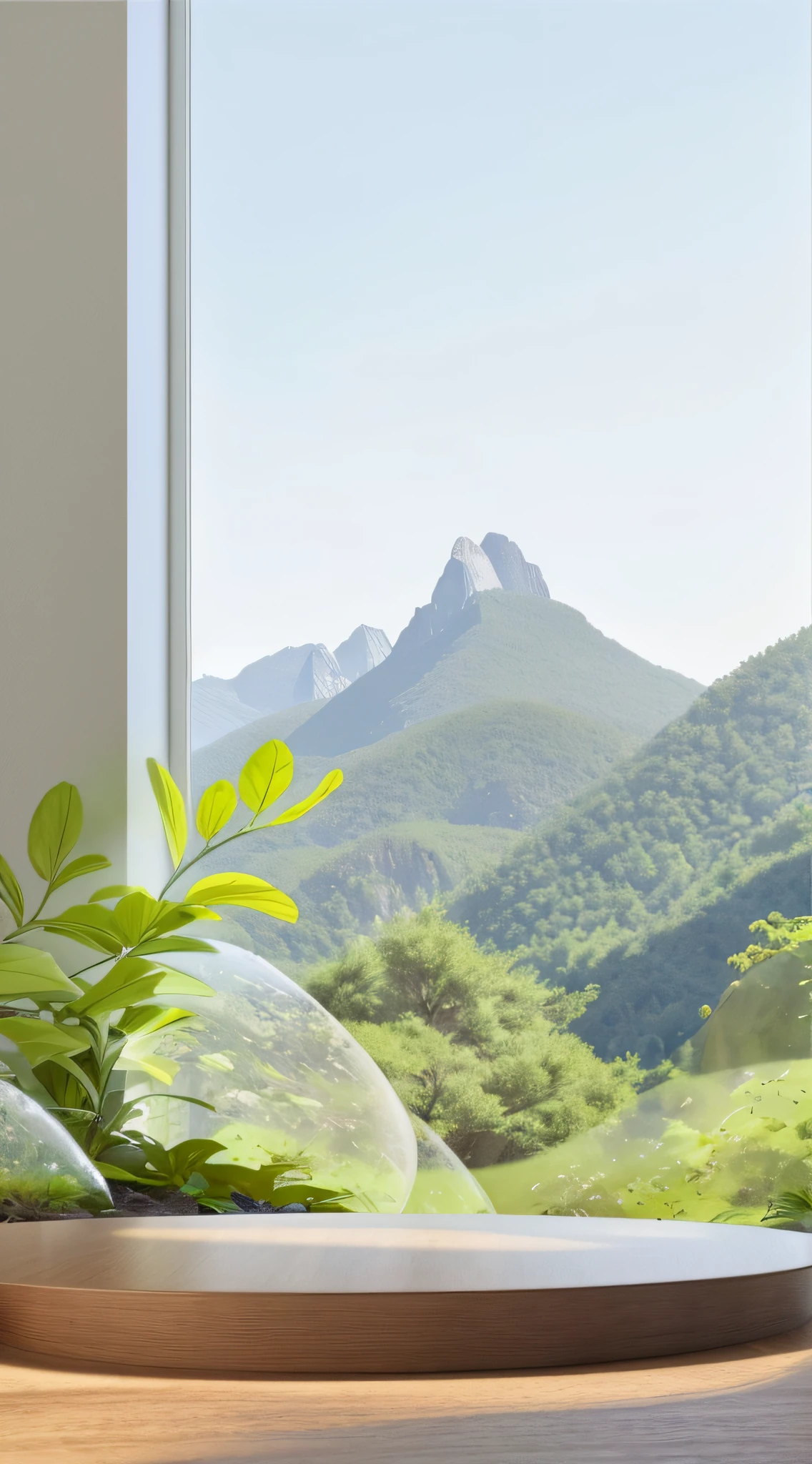 There is a plant on the table platform, natural realistic render, abstract nature landscape, Detailed landscapes, beautiful landscape rendering, Background image, Open window ib background, airy landscape, high quality rendering, There are plants on the windowsill, Middle close-up composition, Realistic detailed background, nature backdrop, Clean rendering, Mountains on the background