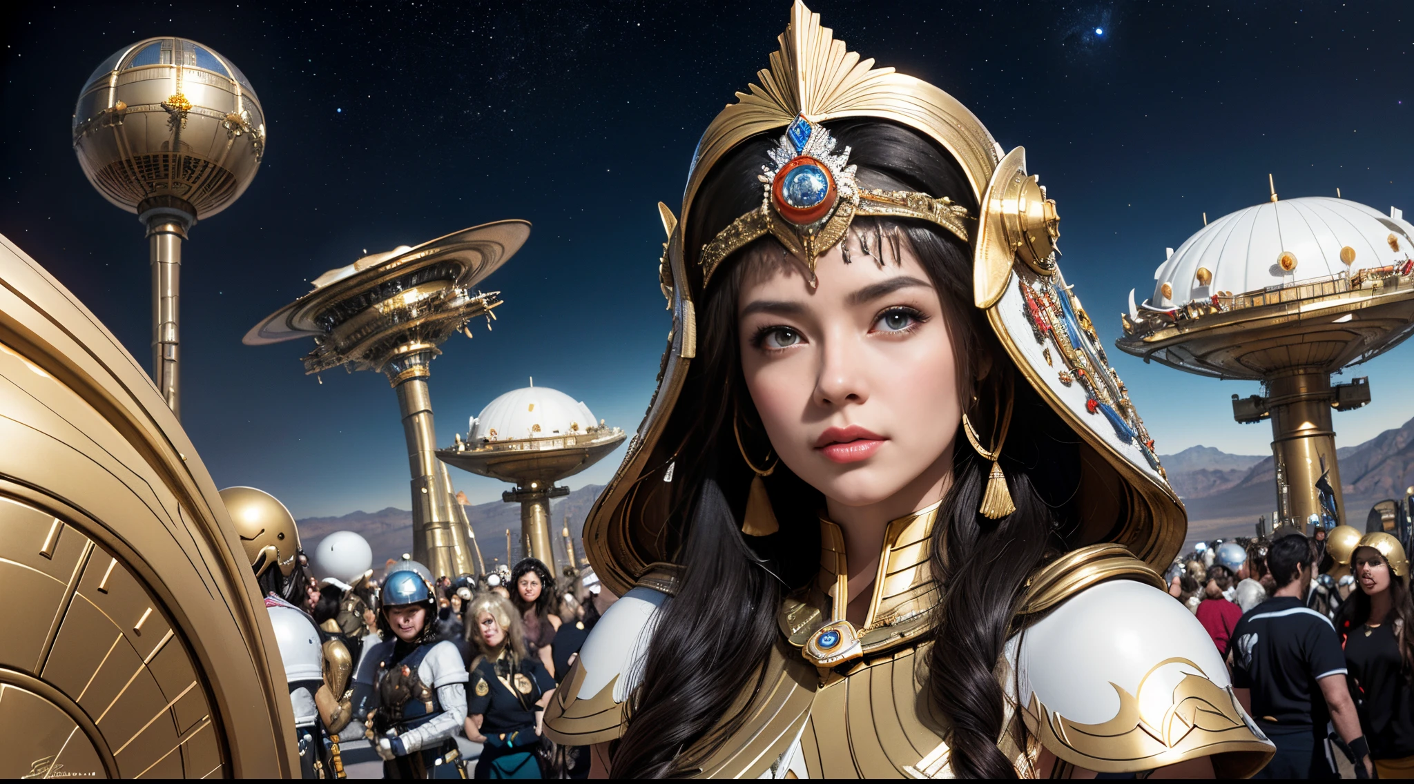 Photo of a woman wearing a helmet surrounded by others, Stephen Hickman, beautiful retro art, mars attack, gilded lotus princess, CG Social Selection, Cosmic apocalypse, persian queen, Kirill Leonov, by Jason A. Engel, Barbarella