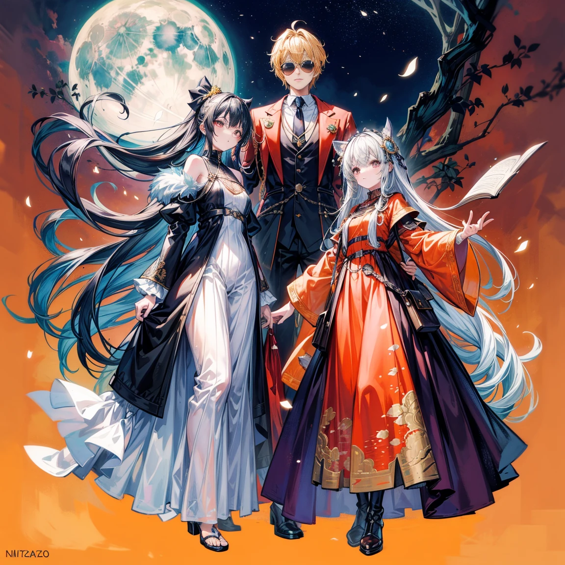 Ukiyo-e style Anton Pieck, Heath Robinson, Charles Doyle, Harry Clarke Anime wondrous strange Whimsical Sci-Fi Fantasy Boy Alice Go to the March Rabbit Tea Party Night when the nickel moon shines Alice was coloring eggshells with paint A white rabbit passes by Alice follows the rabbit to Wonderland