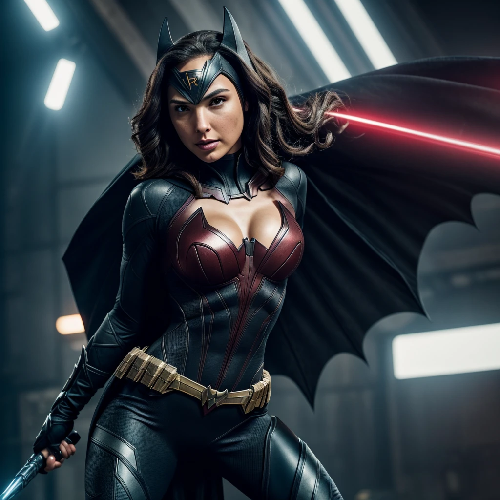 Gal Gadot as Batwoman, body Closeup, wearing Batman armour, dynamic pose, Batwoman outfits, muscles beauty, heroic look, athletic build, tight costume, very beautiful, sexy, Big natural breast, cleavage, Mature, milf, Full body shot, body close up, symmetrical, perfect face and body, 4k, high-res, masterpiece, best quality, sharp focus, (cinematic lighting), detailed face,