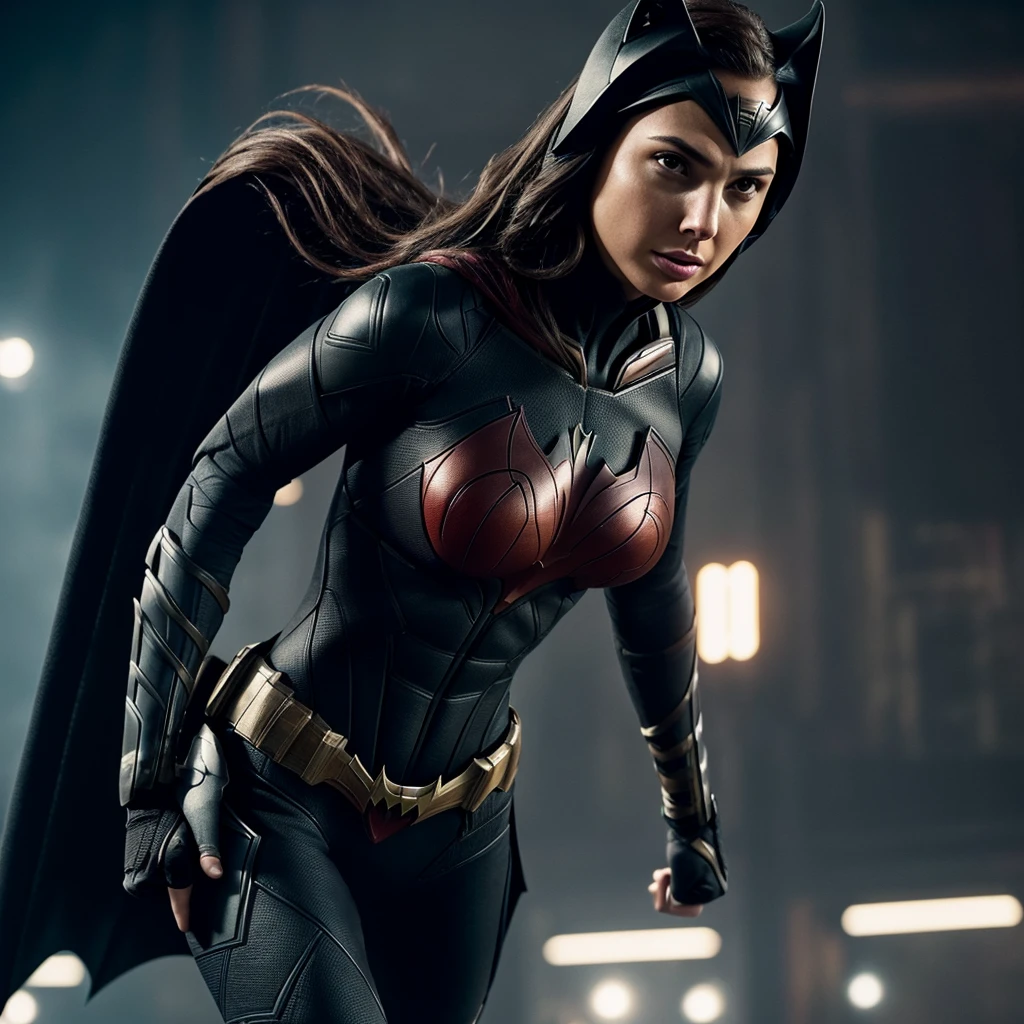 Gal Gadot as Batwoman, body Closeup, wearing Batman armour, dynamic pose, Batwoman outfits, muscles beauty, heroic look, athletic build, tight costume, very beautiful, sexy, Big natural breast, cleavage, Mature, milf, Full body shot, body close up, symmetrical, perfect face and body, 4k, high-res, masterpiece, best quality, sharp focus, (cinematic lighting), detailed face,