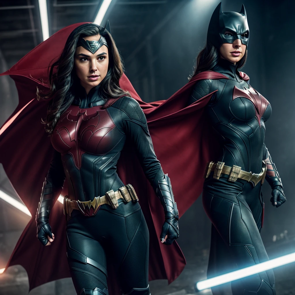 Gal Gadot as Batwoman, body Closeup, wearing Batman armour, dynamic pose, Batwoman outfits, muscles beauty, heroic look, athletic build, tight costume, very beautiful, sexy, Big natural breast, cleavage, Mature, milf, Full body shot, body close up, symmetrical, perfect face and body, 4k, high-res, masterpiece, best quality, sharp focus, (cinematic lighting), detailed face,